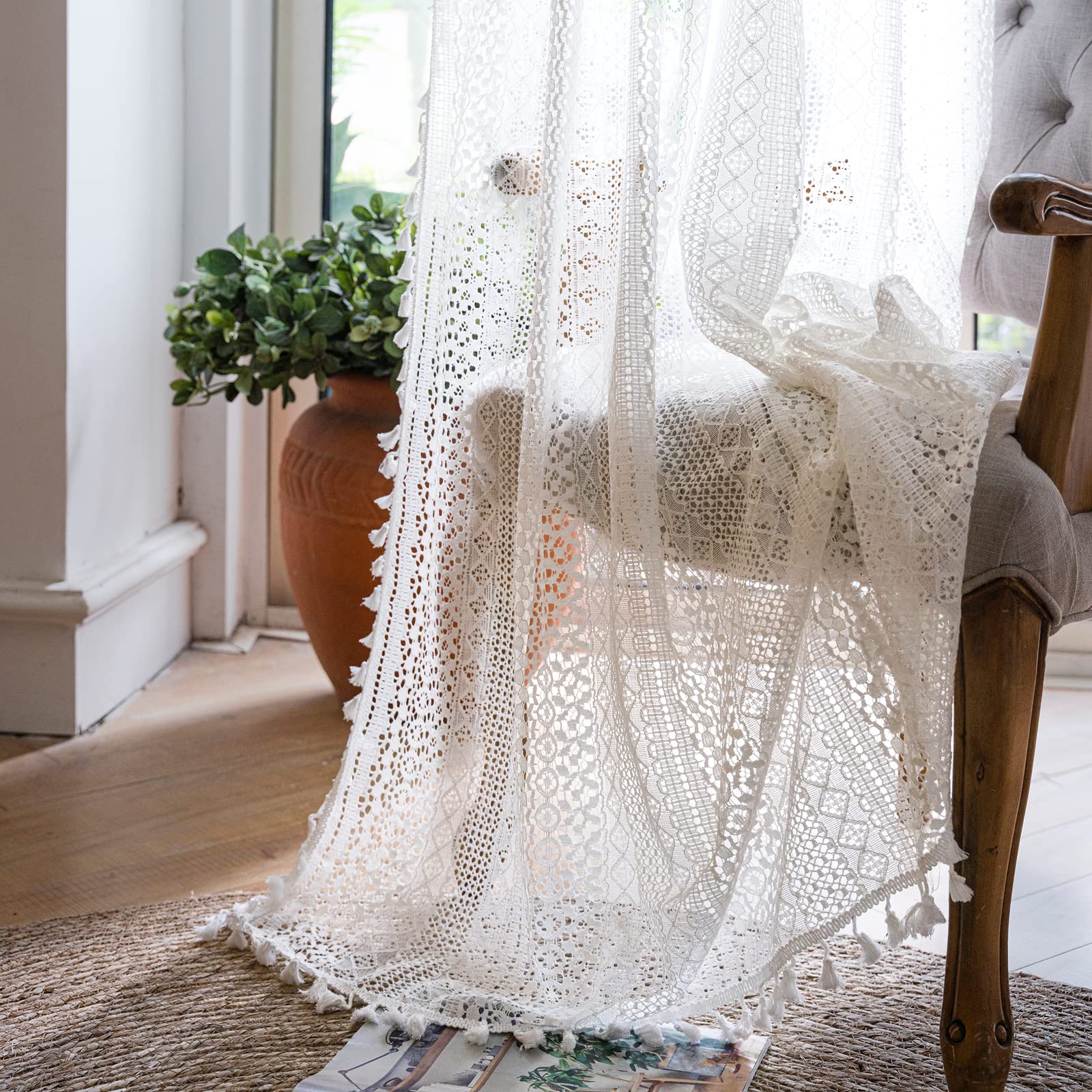 WAZZIO Boho Lace Curtains 108 Inch 2 Panel,Light Filtering Privacy Tassel & Geometry Crochet Semi Sheer Curtain Drapes for Bedroom Living Dining Room,Rod Pocket & Tassel,Vintage Farmhouse Decor,Beige