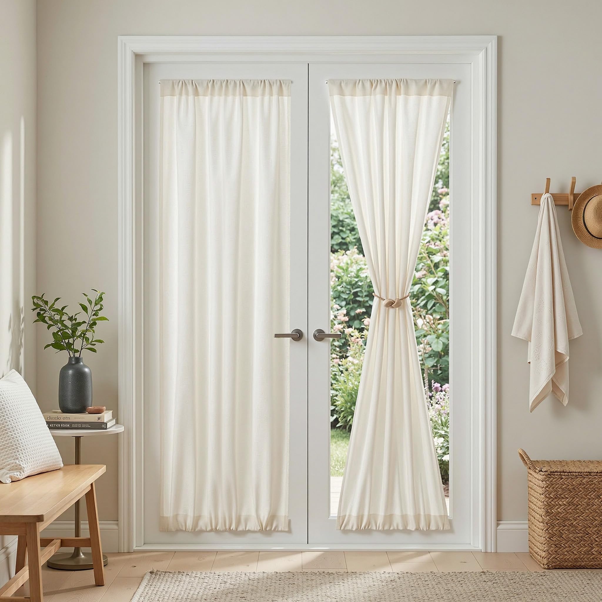 MYSKY HOME Country Curtains for Sliding Glass Door, Back Tab Semi Sheer Curtain Panels Extra Long Floor Length Drapes Linen Texture Soft Touch, 50x108 Inch, Linen, Set of 2
