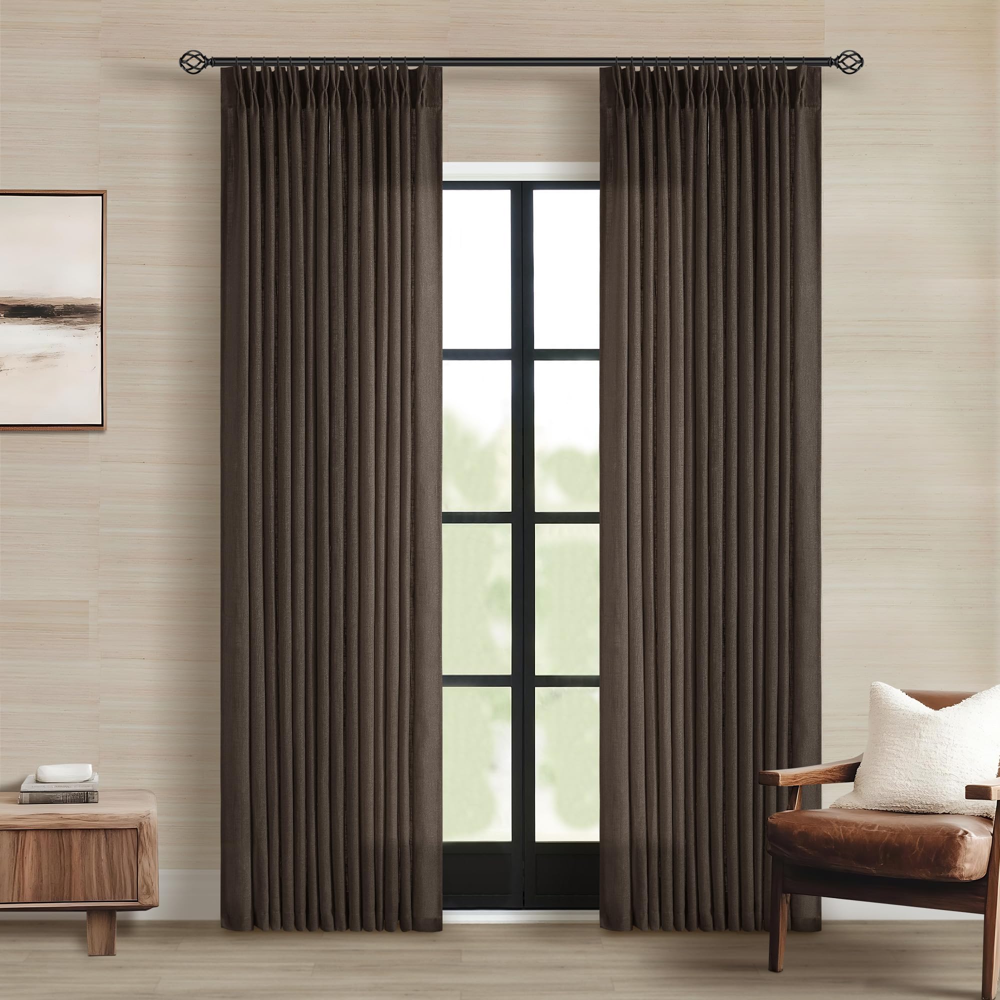 Natural Pinch Pleated Linen Curtains 84 Inch Length 2 Panels for Living Room Bedroom Textured Cream Ivory Birch Semi Sheer Boho Neutral Back Tab Pinch Pleat Hooks Rings Window Curtain 84 Inches Long