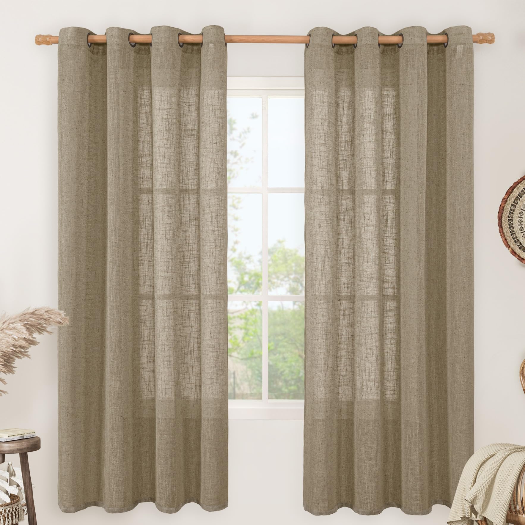 LAMIT Natural Cream Ivory Long Linen Curtains for Living Room, 108 inches Long Bronze Grommet Light Filtering Window Textured Neutral Sheer Drapes for Bedroom Farmhouse, 2 Panels, 52 x 108 Inch