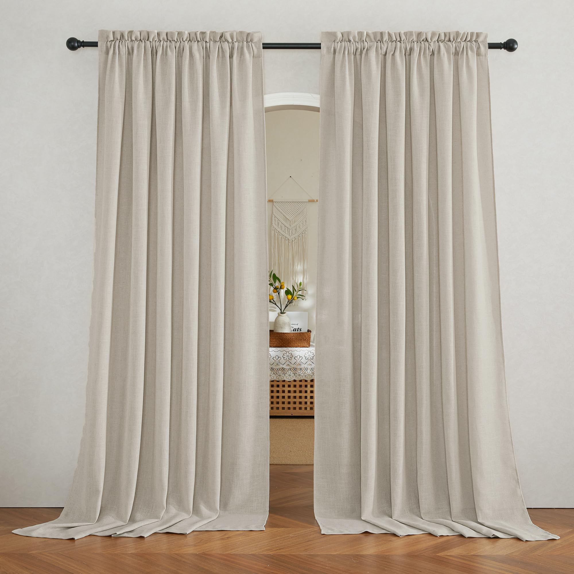 RYB HOME Semi Sheer Curtains 102 inches Long, Back Tab Light Filtration Half Privacy Window Curtains & Drapes for Bedroom Living Room, Linen, W 52 x L 102 inches, 2 Panels Set