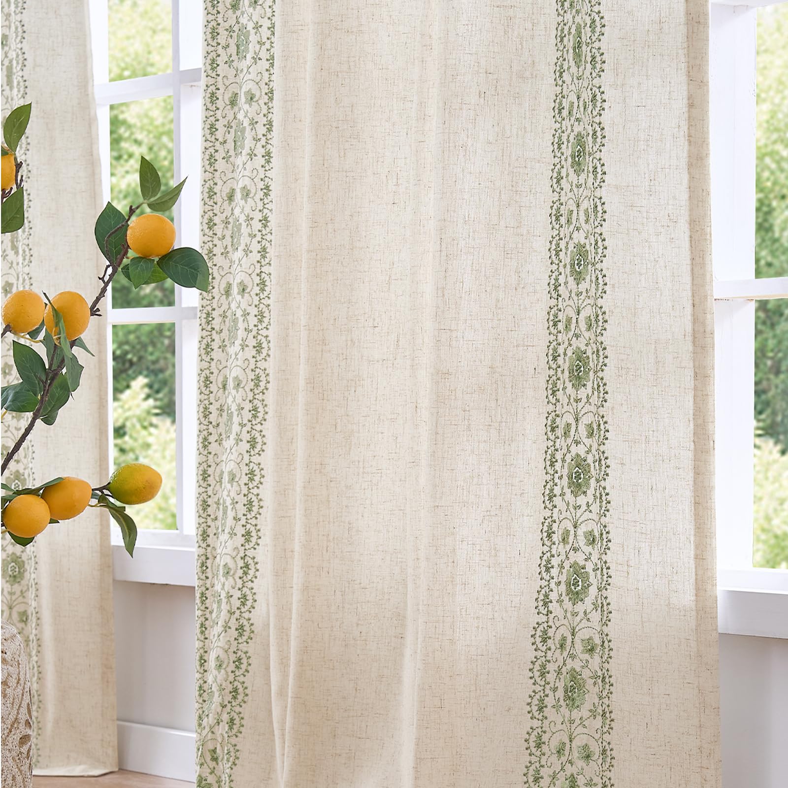 jinchan Weslie Beige Floral Sheer Curtains for Living Room 84 Inch Long Embroidered Voile Farmhouse Linen Curtains for Bedroom Ivory Flower Patterned Cottage Core Window Drapes 2 Panels Ivory on Beige
