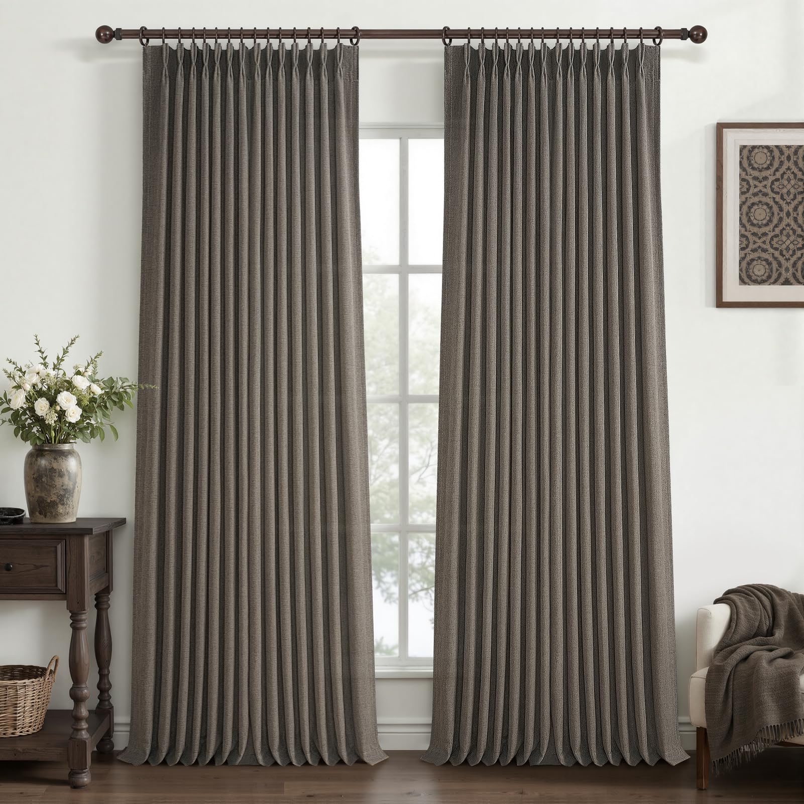 Pinch Pleated Linen Curtains 96 Inches Long for Living Room Bedroom, Light Filtering Boho Window Drape 96 inch 2 Panels Burgs with Hooks&Rings 8ft Cream Birch Sliding Glass Door Sheer Curtain Decor