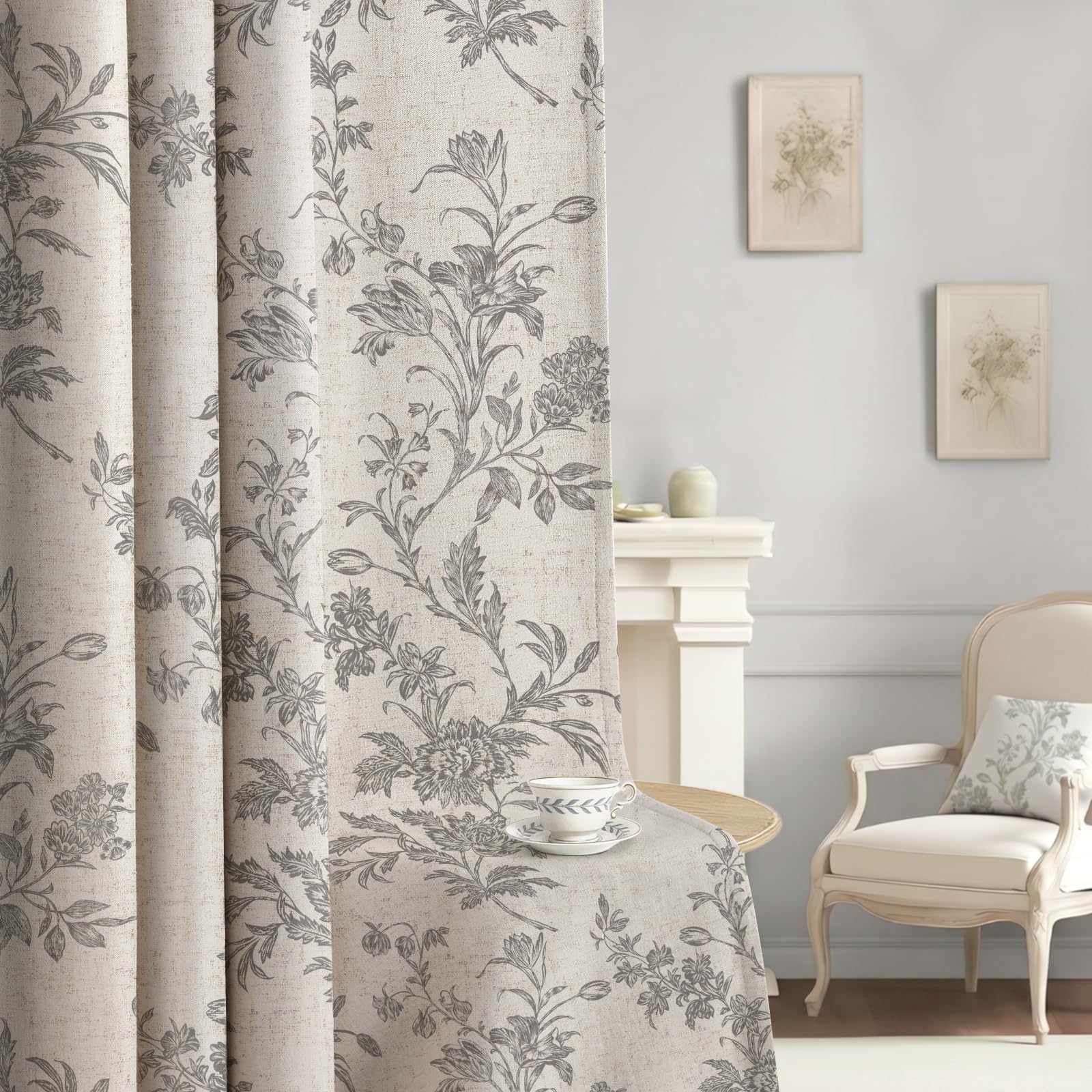 Boho Floral Spring Semi Sheer Curtains 84 Inch Length 2 Panels Set, Linen Texture Farmhouse Light Filtering Curtains Beige Tassel for Bedroom Living Room Vintage Rustic Patterned Printed Rod Pocket