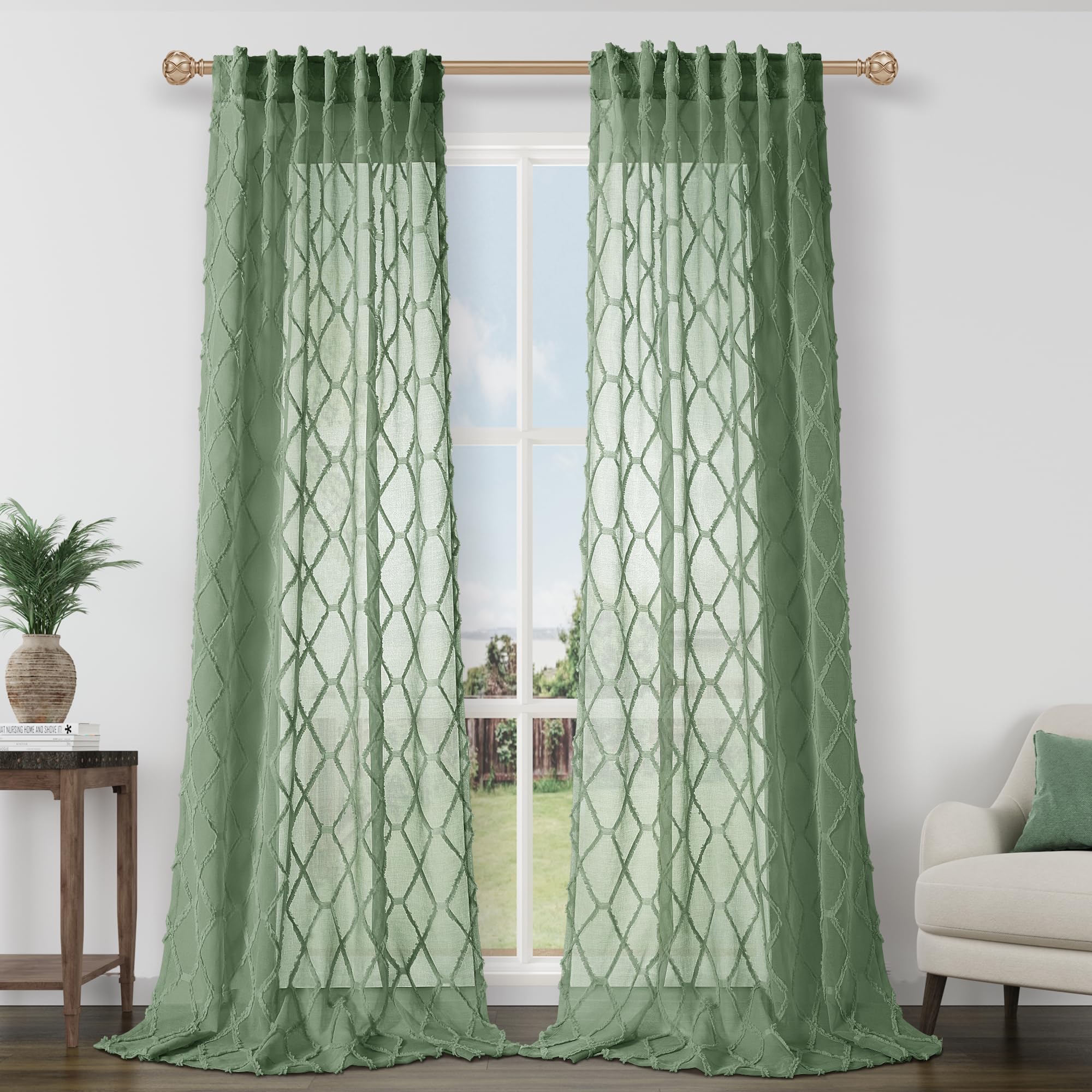 108" Beige Linen Sheer Curtains, 2 Panels, Tuft Pattern for Living Room & Bedroom