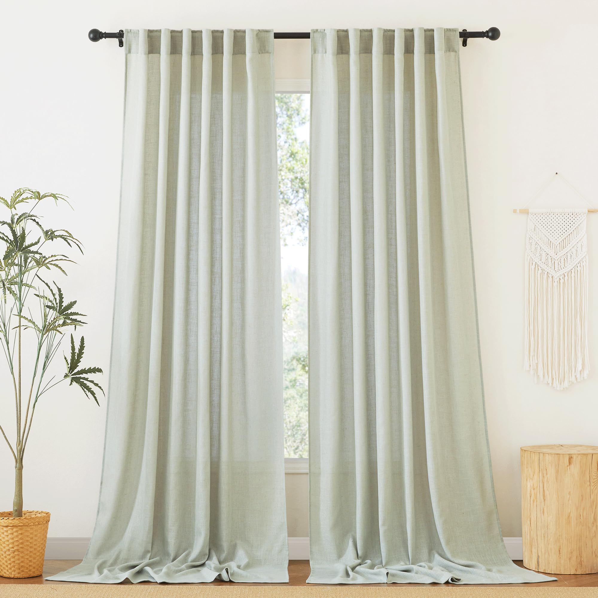 RYB HOME Semi Sheer Curtains 102 inches Long, Back Tab Light Filtration Half Privacy Window Curtains & Drapes for Bedroom Living Room, Linen, W 52 x L 102 inches, 2 Panels Set