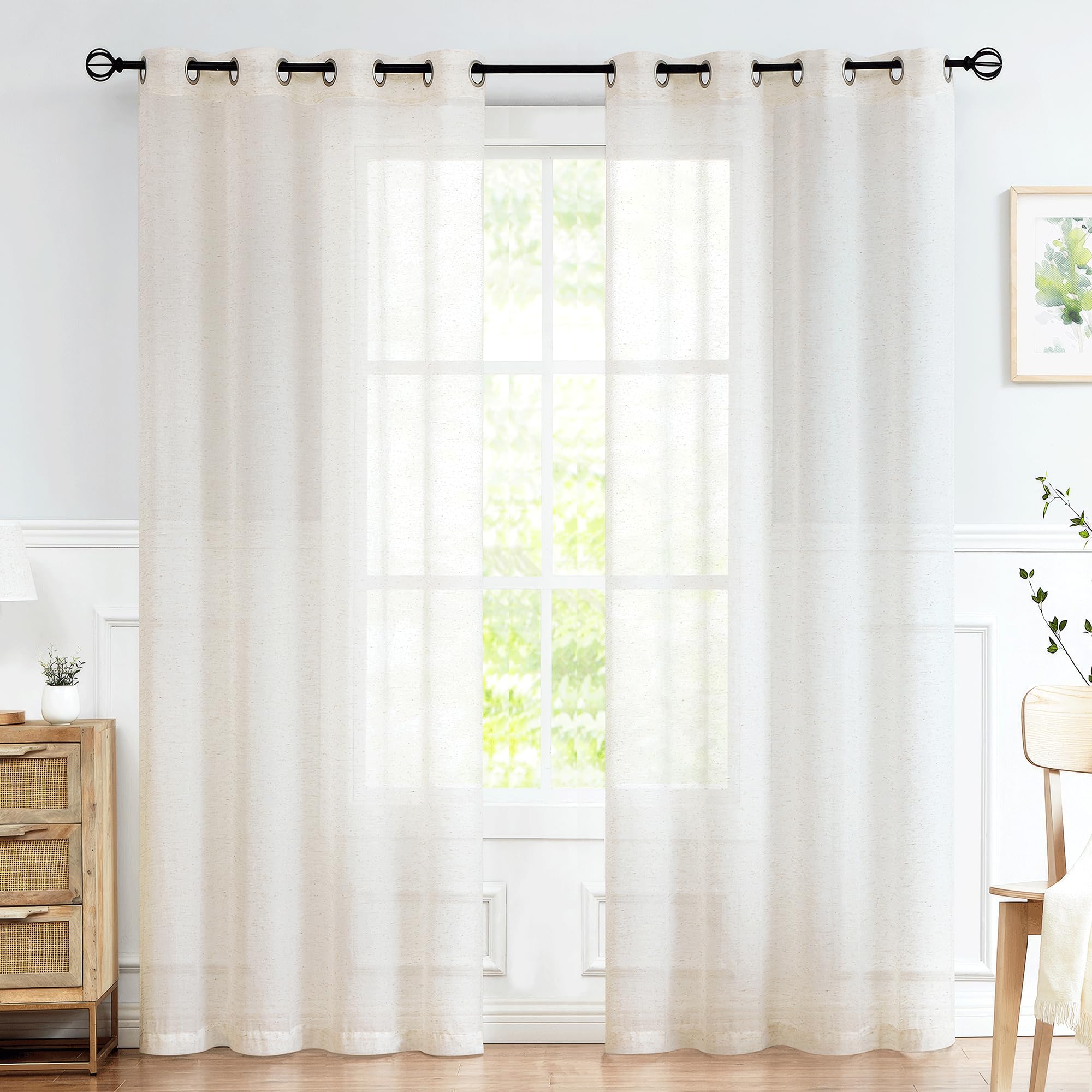 FMFUNCTEX Linen Sheer Curtains for Living Room, Beige Curtains 96 inches Long for Bedroom, Natural Flax Blend Window Draperies for Farmhouse Curtain, Rod Pocket 2 Panels