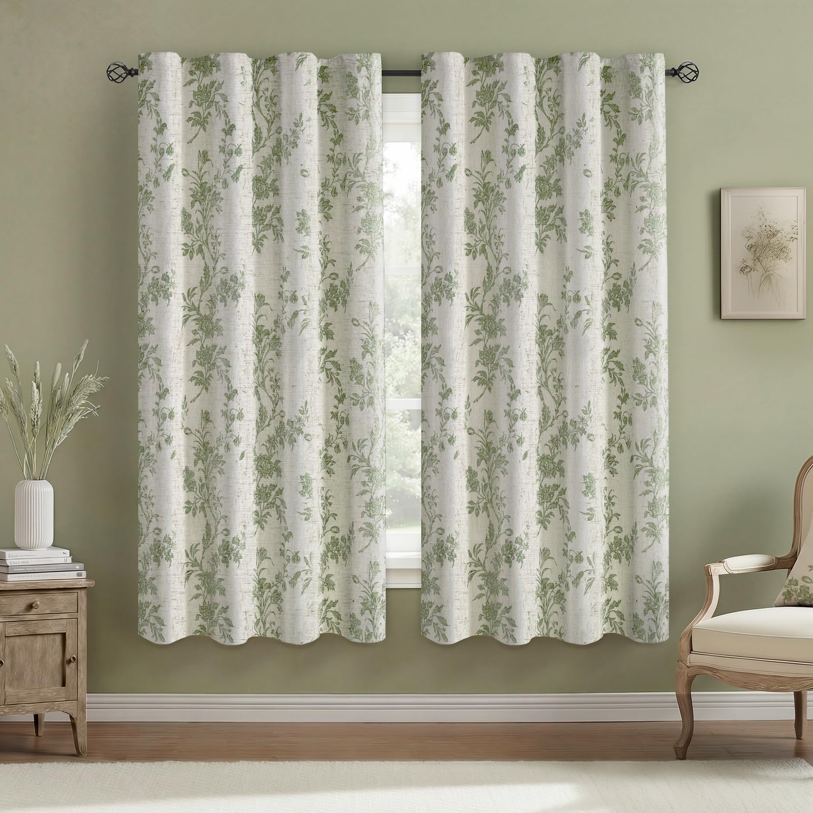 Boho Floral Spring Semi Sheer Curtains 84 Inch Length 2 Panels Set, Linen Texture Farmhouse Light Filtering Curtains Beige Tassel for Bedroom Living Room Vintage Rustic Patterned Printed Rod Pocket