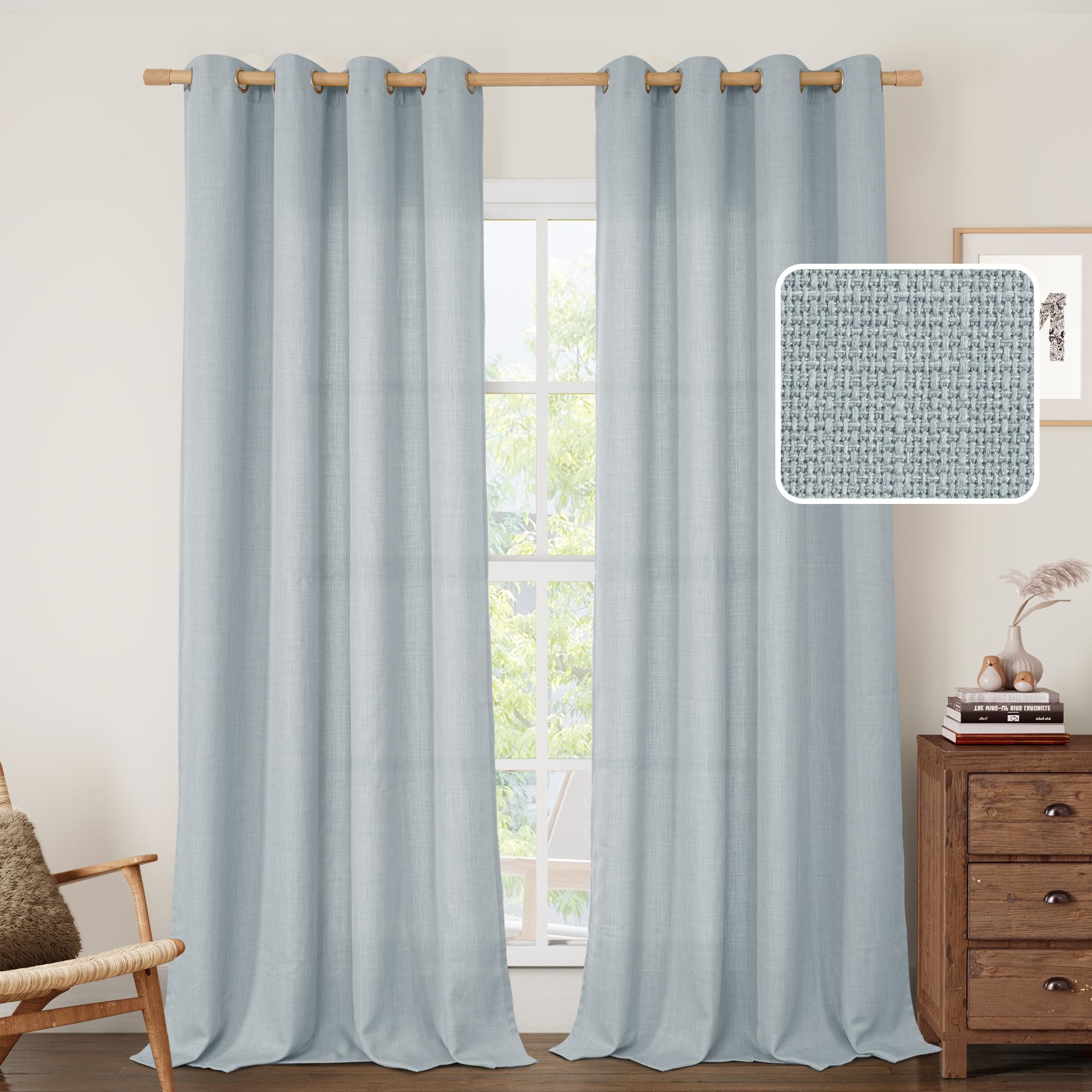 LAMIT Natural Cream Ivory Long Linen Curtains for Living Room, 108 inches Long Bronze Grommet Light Filtering Window Textured Neutral Sheer Drapes for Bedroom Farmhouse, 2 Panels, 52 x 108 Inch