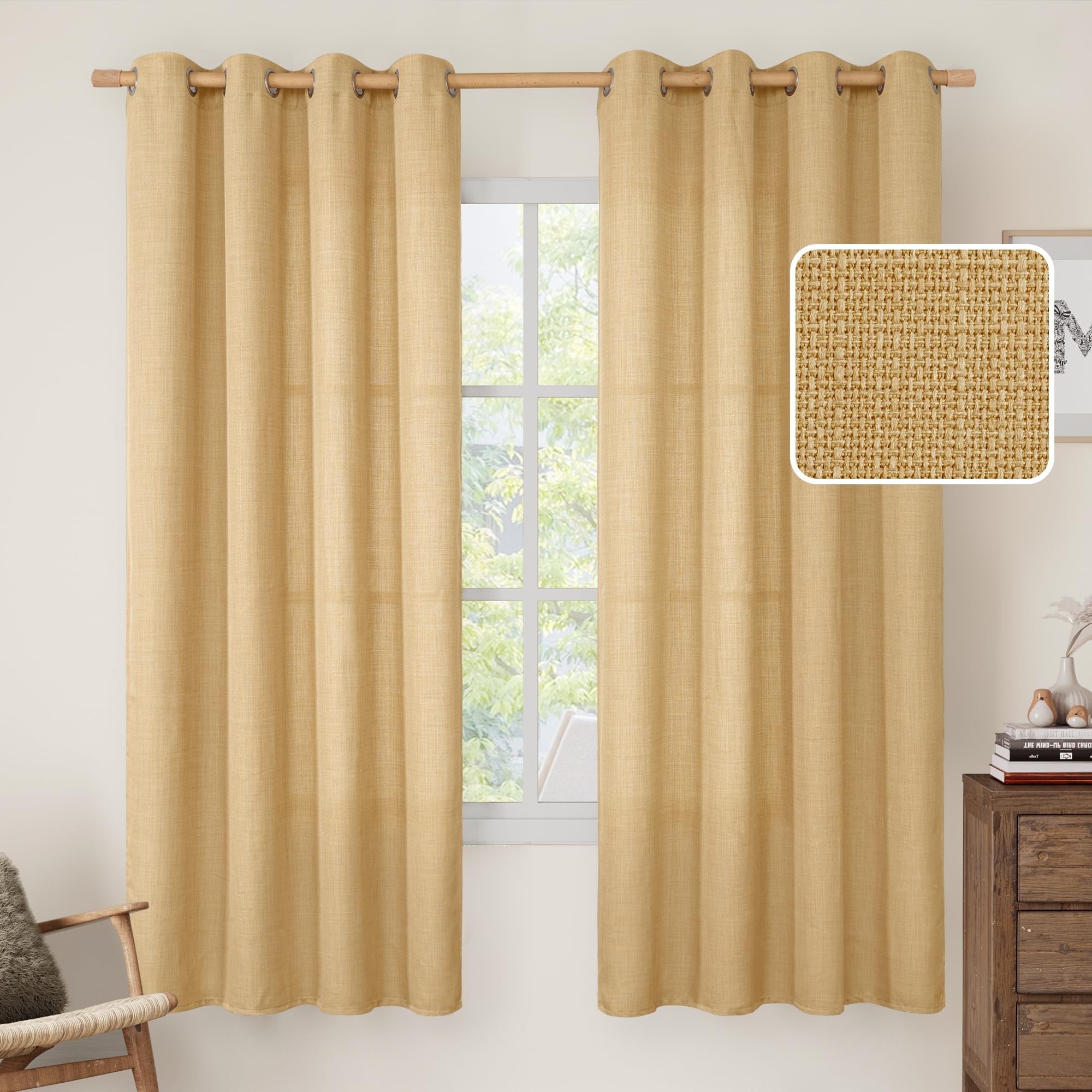 LAMIT Natural Cream Ivory Long Linen Curtains for Living Room, 108 inches Long Bronze Grommet Light Filtering Window Textured Neutral Sheer Drapes for Bedroom Farmhouse, 2 Panels, 52 x 108 Inch