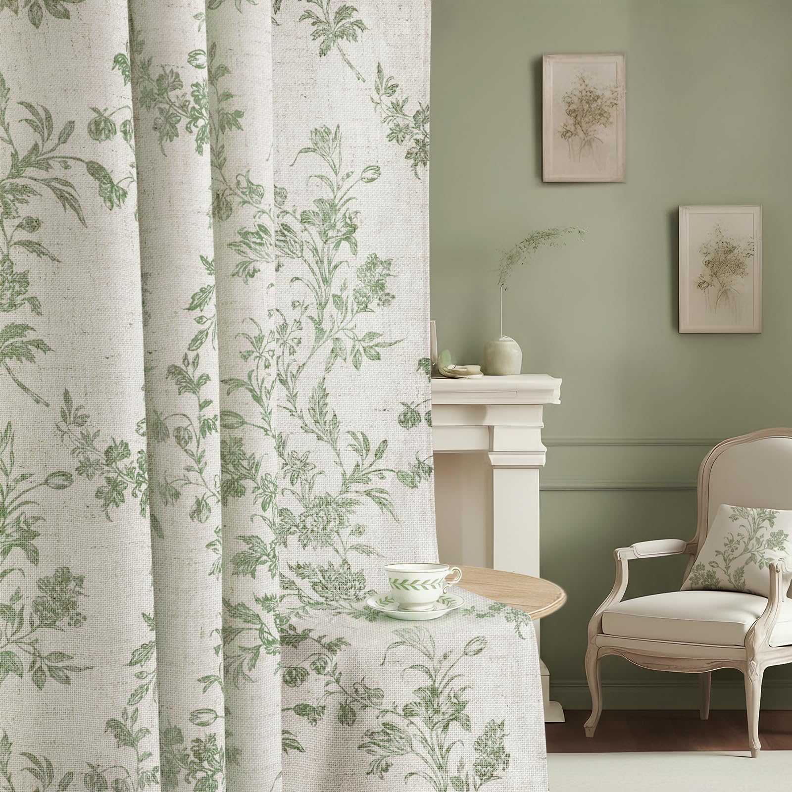 Boho Floral Spring Semi Sheer Curtains 84 Inch Length 2 Panels Set, Linen Texture Farmhouse Light Filtering Curtains Beige Tassel for Bedroom Living Room Vintage Rustic Patterned Printed Rod Pocket