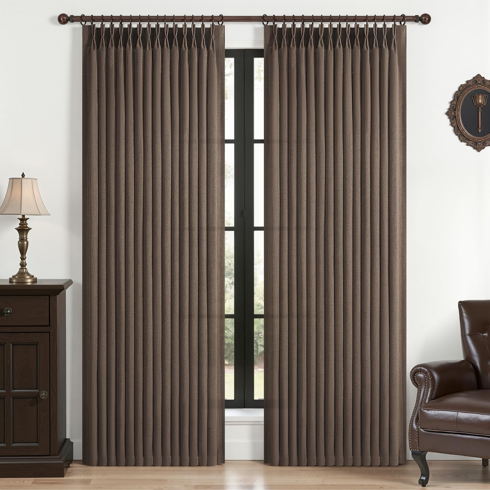 Pinch Pleated Linen Curtains 96 Inches Long for Living Room Bedroom, Light Filtering Boho Window Drape 96 inch 2 Panels Burgs with Hooks&Rings 8ft Cream Birch Sliding Glass Door Sheer Curtain Decor