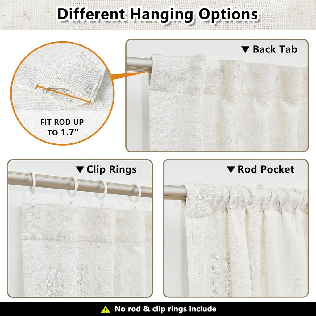 MYSKY HOME Country Curtains for Sliding Glass Door, Back Tab Semi Sheer Curtain Panels Extra Long Floor Length Drapes Linen Texture Soft Touch, 50x108 Inch, Linen, Set of 2