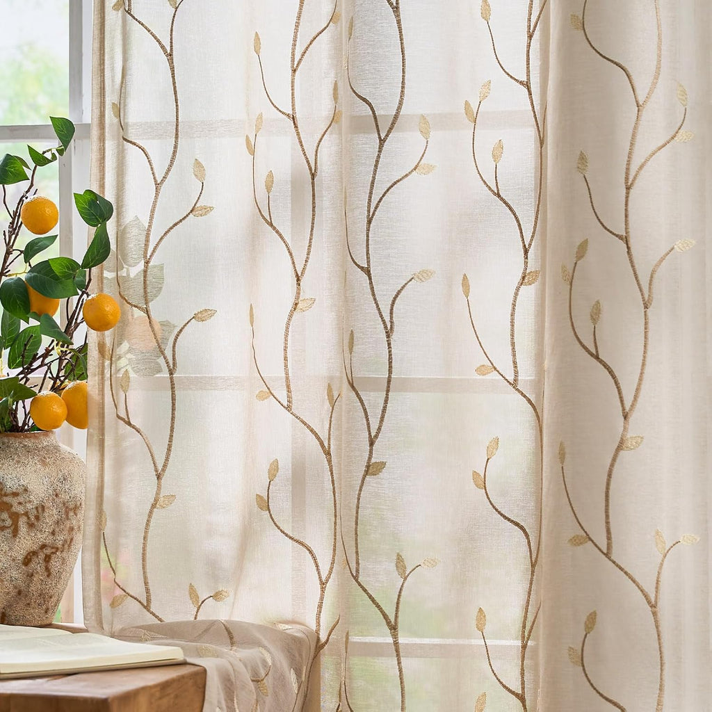 jinchan Sheer Curtains for Bedroom 84 Inch Length Leaf Embroidered Semi Sheers for Living Room Botanical Embroidery Voile Transparent Grommet Window Treatments Taupe 2 Panels