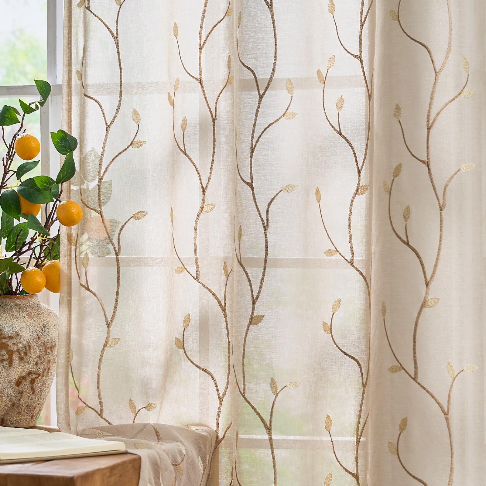 jinchan Sheer Curtains for Bedroom 84 Inch Length Leaf Embroidered Semi Sheers for Living Room Botanical Embroidery Voile Transparent Grommet Window Treatments Taupe 2 Panels