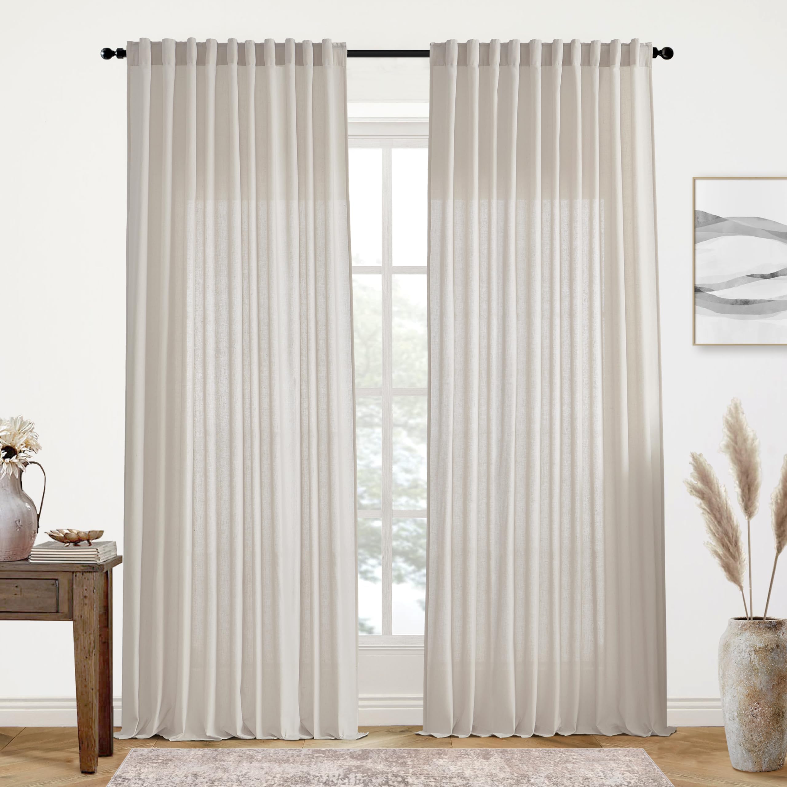 XTMYI 90 Inches Long Sheer Linen Curtains 2 Panels Set,Hook Tape Back Tab Semi Sheer Cotton Blend Fabric Modern Cottage Core Cottagecore Curtain Drapes for Living Room Bedroom,50x90 in Length