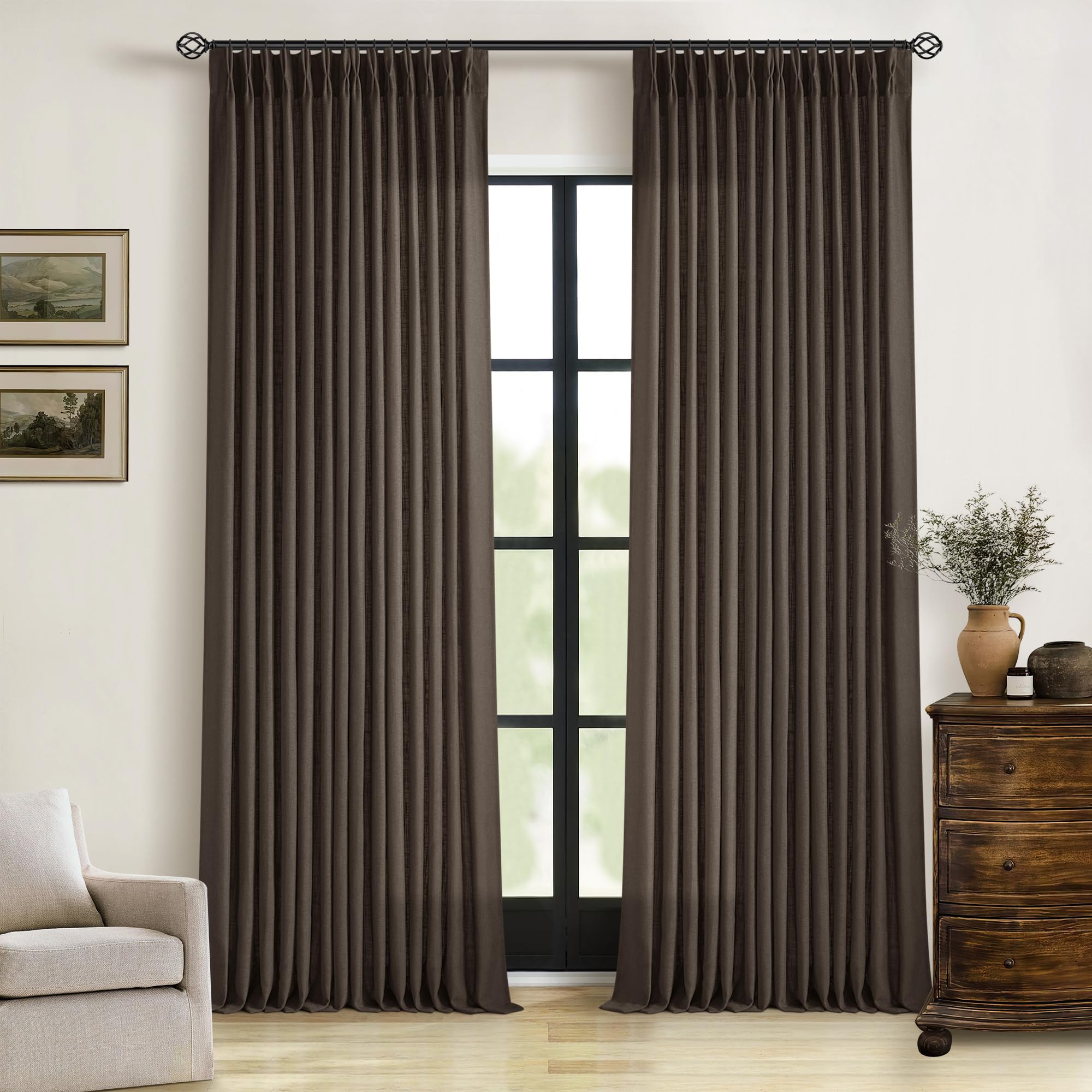 Natural Pinch Pleated Linen Curtains 84 Inch Length 2 Panels for Living Room Bedroom Textured Cream Ivory Birch Semi Sheer Boho Neutral Back Tab Pinch Pleat Hooks Rings Window Curtain 84 Inches Long