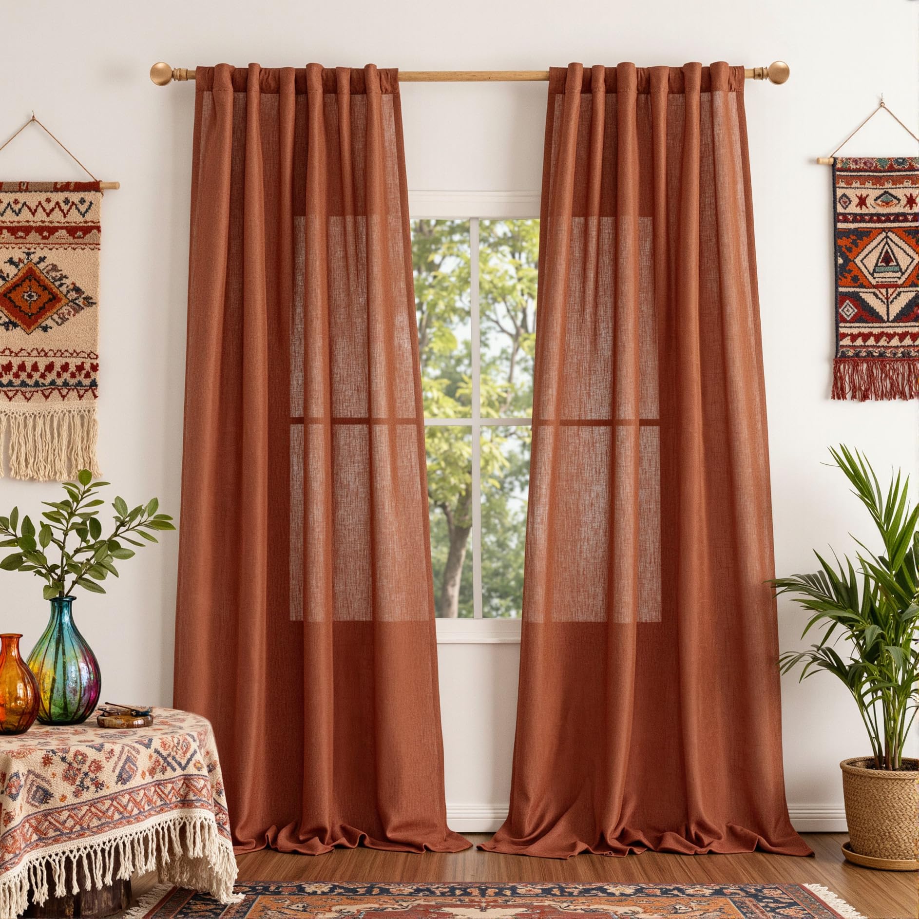 MYSKY HOME Country Curtains for Sliding Glass Door, Back Tab Semi Sheer Curtain Panels Extra Long Floor Length Drapes Linen Texture Soft Touch, 50x108 Inch, Linen, Set of 2