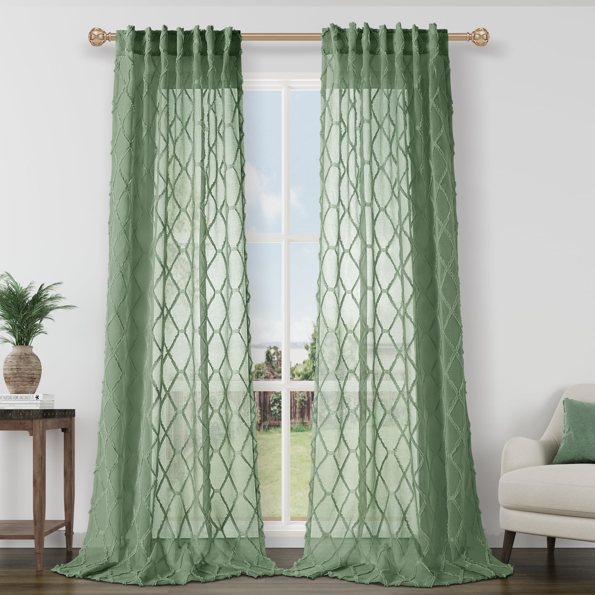 108" Beige Linen Sheer Curtains, 2 Panels, Tuft Pattern for Living Room & Bedroom