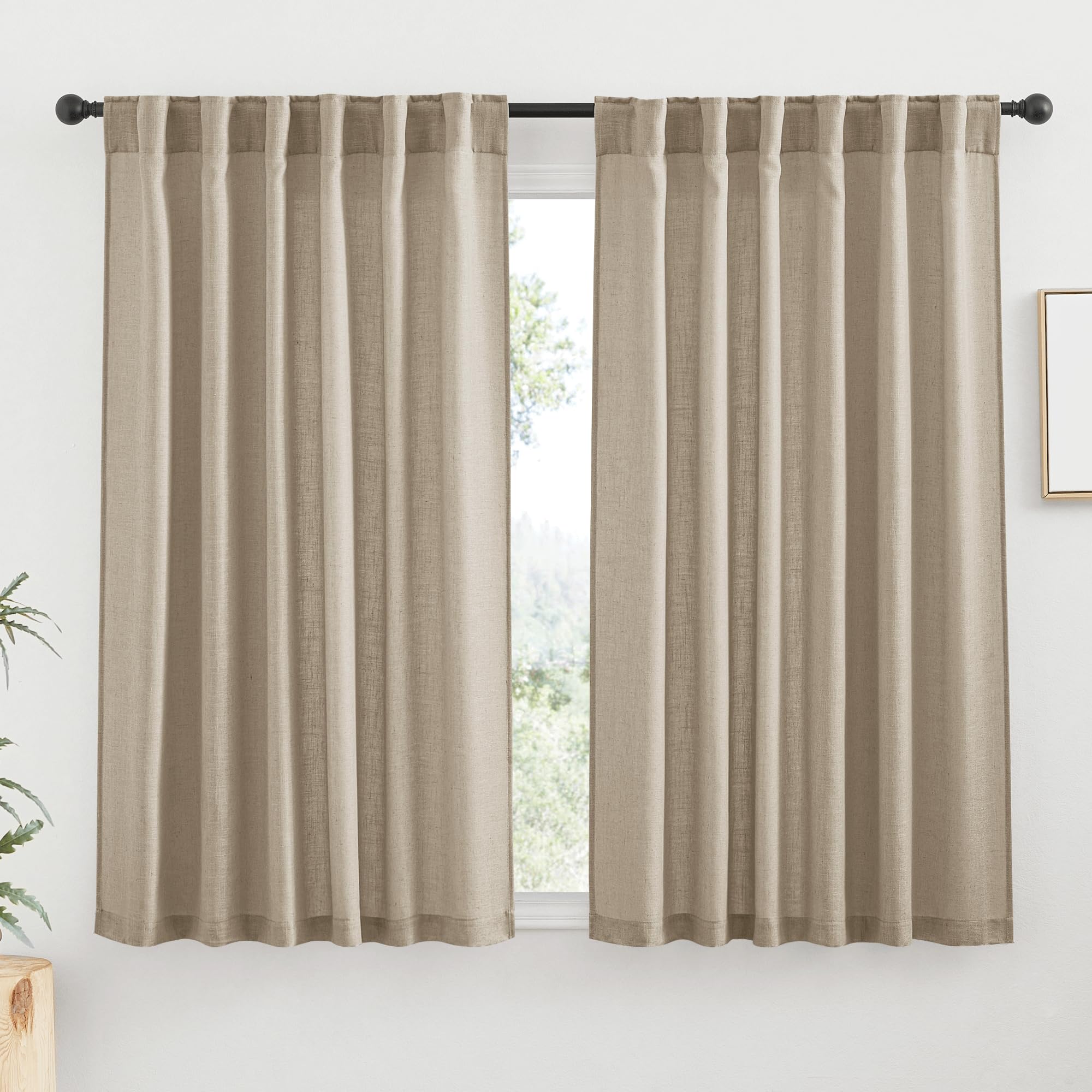 RYB HOME Semi Sheer Curtains 102 inches Long, Back Tab Light Filtration Half Privacy Window Curtains & Drapes for Bedroom Living Room, Linen, W 52 x L 102 inches, 2 Panels Set