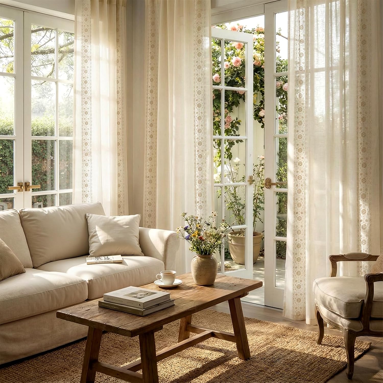 jinchan Weslie Beige Floral Sheer Curtains for Living Room 84 Inch Long Embroidered Voile Farmhouse Linen Curtains for Bedroom Ivory Flower Patterned Cottage Core Window Drapes 2 Panels Ivory on Beige