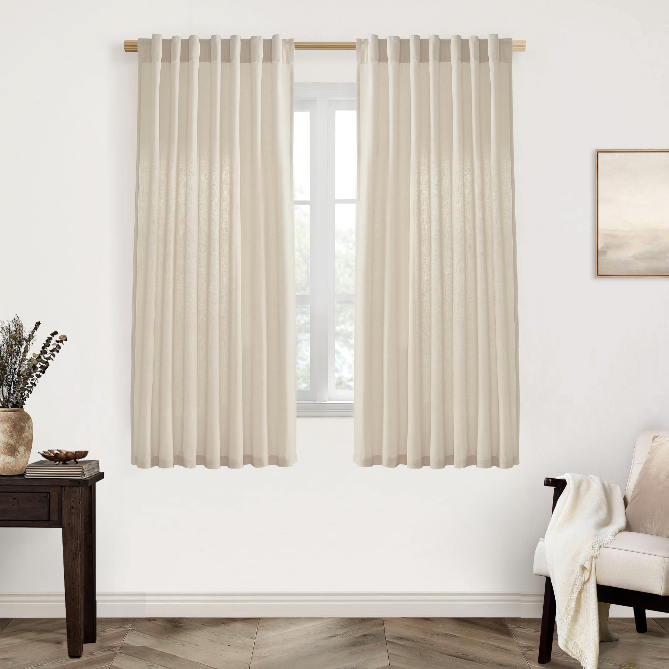 XTMYI 90 Inches Long Sheer Linen Curtains 2 Panels Set,Hook Tape Back Tab Semi Sheer Cotton Blend Fabric Modern Cottage Core Cottagecore Curtain Drapes for Living Room Bedroom,50x90 in Length
