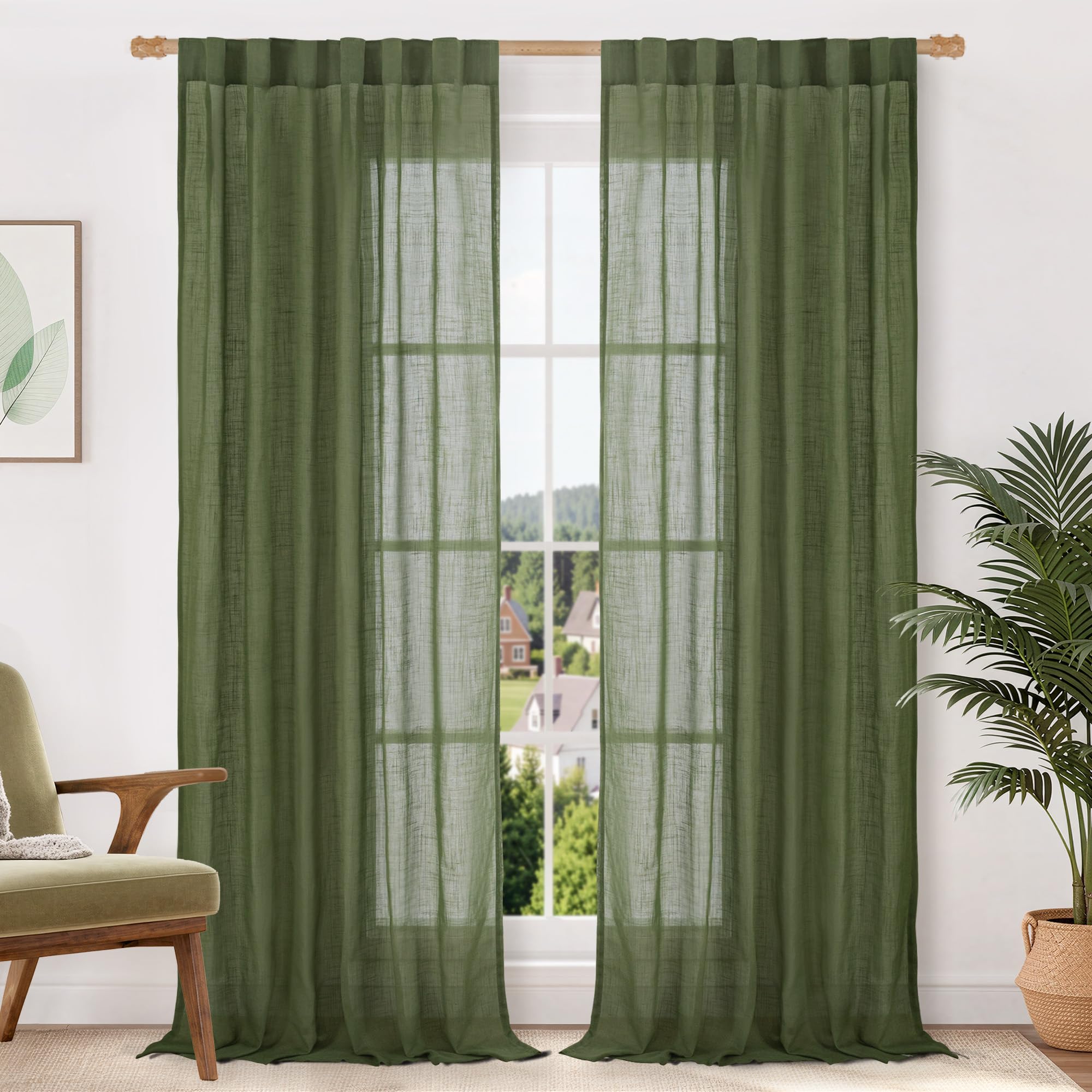 LAMIT Natural Linen Sheer Curtains 90 Inches Long 2 Panels, Long Light Filtering Window Treatments Back Tab and Rod Pocket Farmhouse Boho Panels for Living Room/Bedroom/Dining Room, 52 x 90 Inch