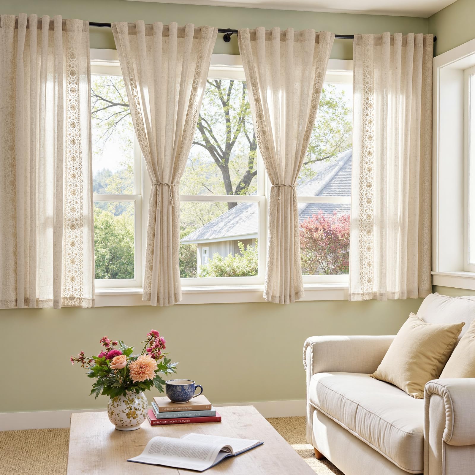 jinchan Weslie Beige Floral Sheer Curtains for Living Room 84 Inch Long Embroidered Voile Farmhouse Linen Curtains for Bedroom Ivory Flower Patterned Cottage Core Window Drapes 2 Panels Ivory on Beige