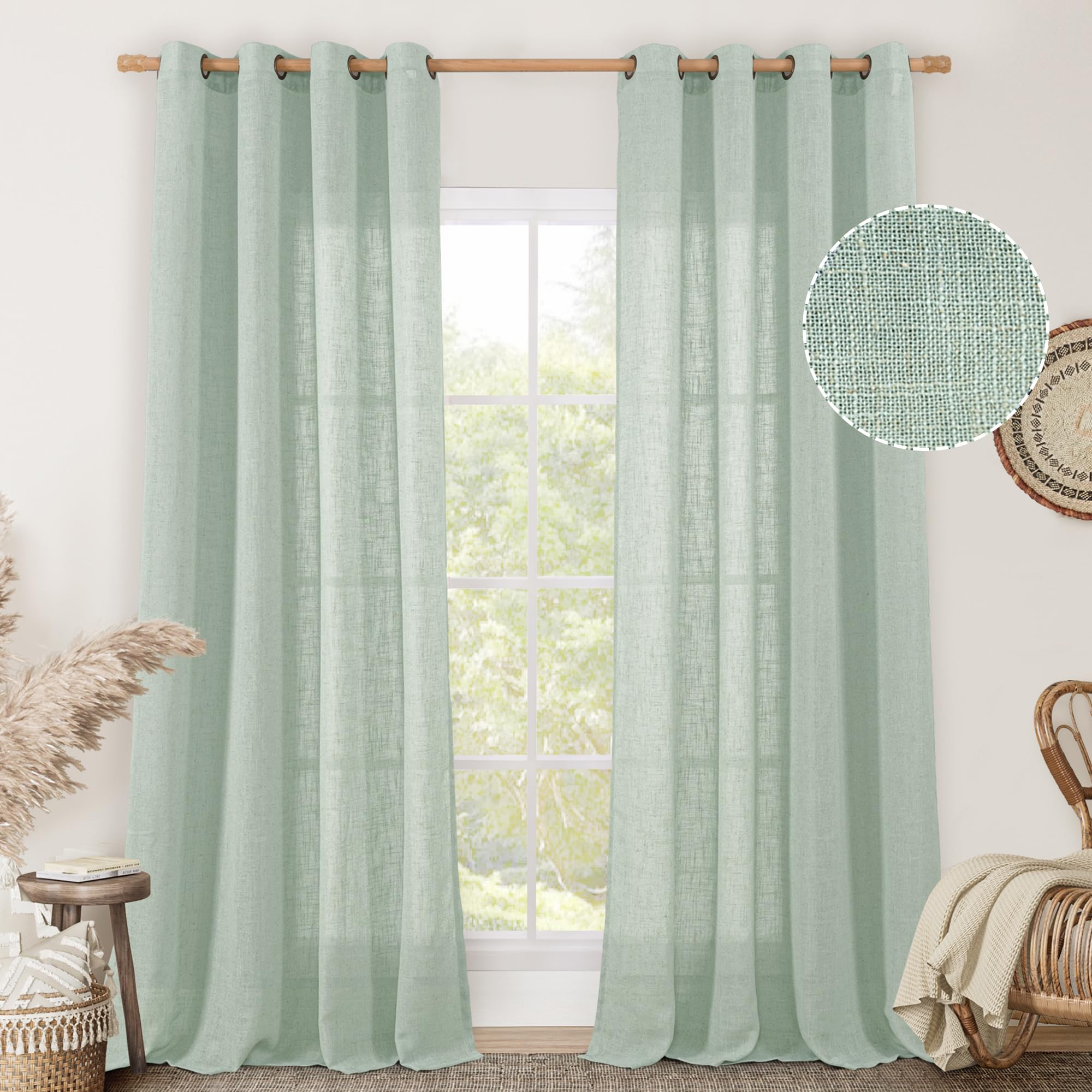 LAMIT Natural Cream Ivory Long Linen Curtains for Living Room, 108 inches Long Bronze Grommet Light Filtering Window Textured Neutral Sheer Drapes for Bedroom Farmhouse, 2 Panels, 52 x 108 Inch