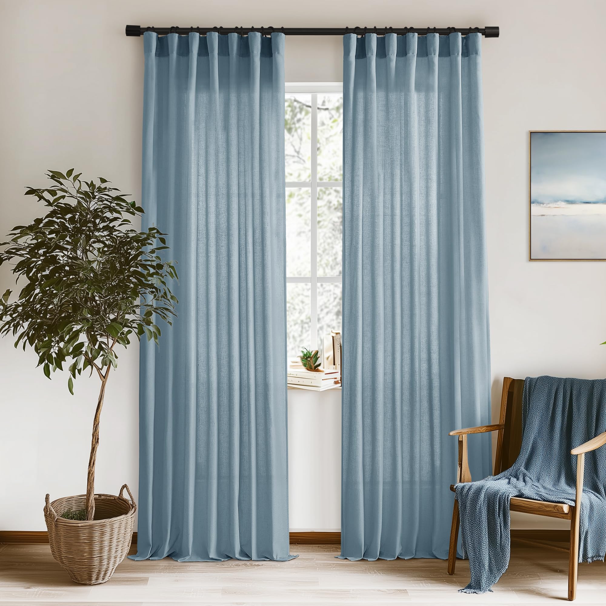 XTMYI 90 Inches Long Sheer Linen Curtains 2 Panels Set,Hook Tape Back Tab Semi Sheer Cotton Blend Fabric Modern Cottage Core Cottagecore Curtain Drapes for Living Room Bedroom,50x90 in Length