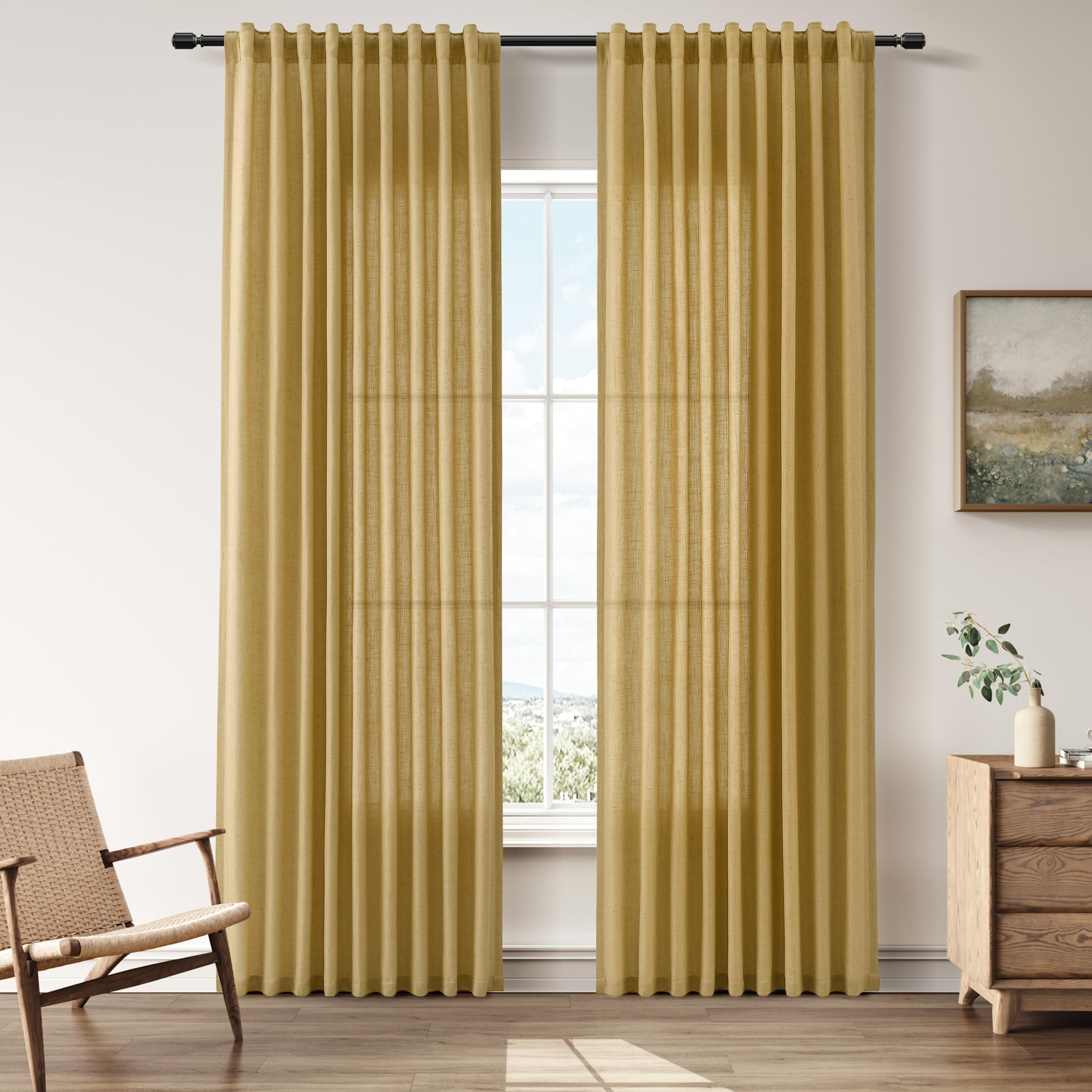 Nanspring Linen Curtains 80 Inches Long for Living Room Semi Sheer Light Filtering Curtain Back Tab Neutral Boho Modern Farmhouse Window Drapes for Bedroom 52x80 2 Panels Cream Ivory Beige Natural