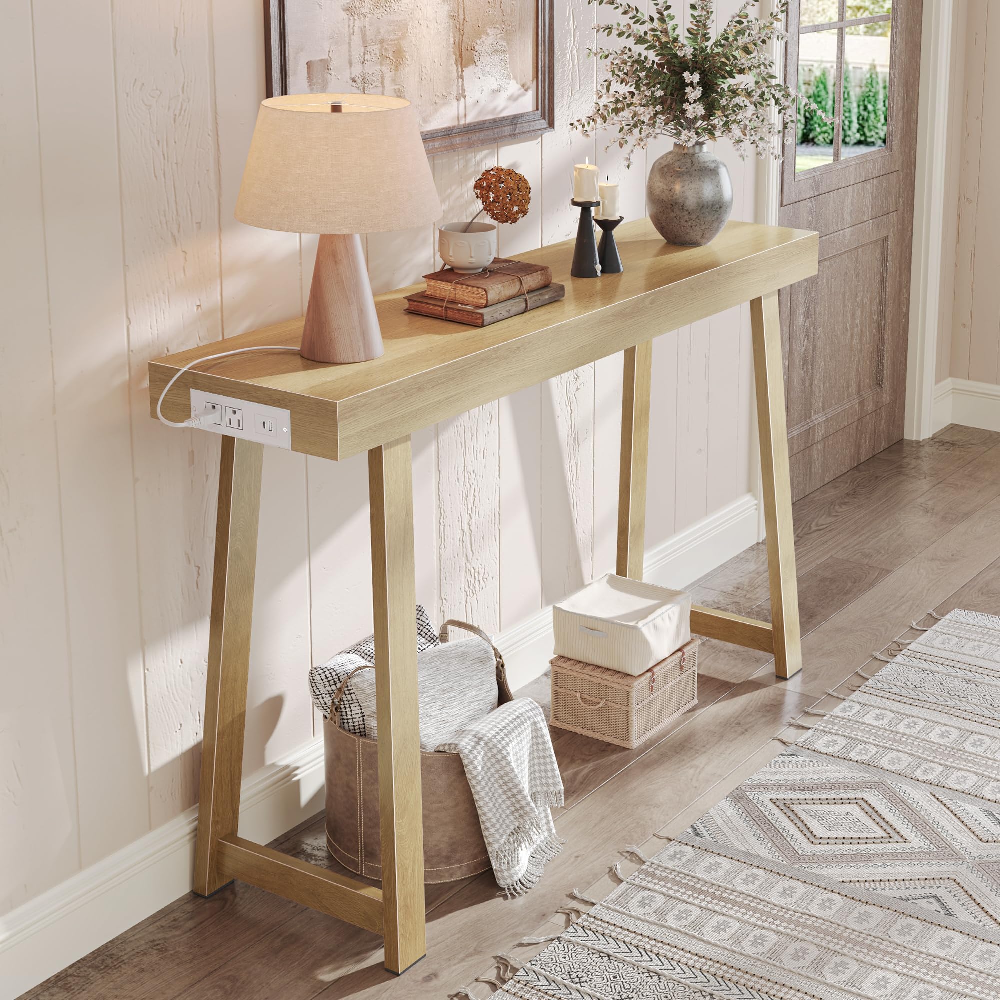 47.2" Black Modern Console Table with Charging Station & Metal Legs
