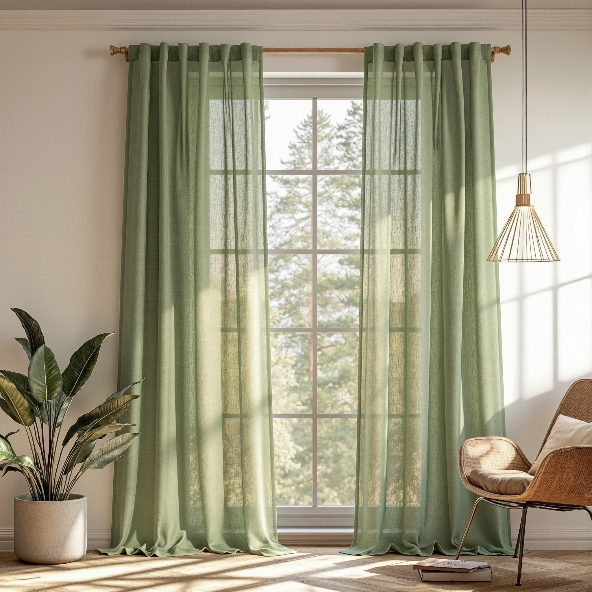 MYSKY HOME Country Curtains for Sliding Glass Door, Back Tab Semi Sheer Curtain Panels Extra Long Floor Length Drapes Linen Texture Soft Touch, 50x108 Inch, Linen, Set of 2