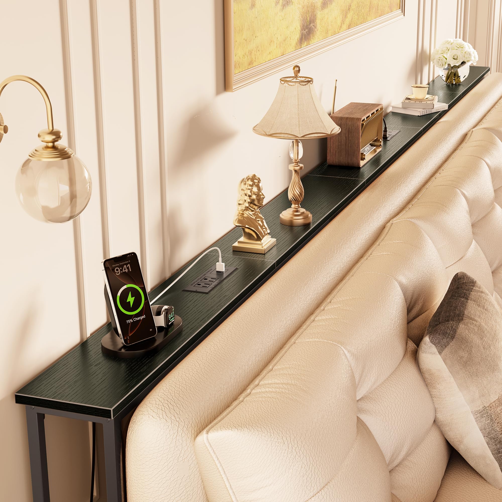 Huuger 141.7 Inch Sofa Table with Power Outlets and USB-C Ports, 5.9 Inch Narrow Entryway Table, Behind Couch Table with Storage, Extra-Long Console Table, Living Room, Rusitc Brown
