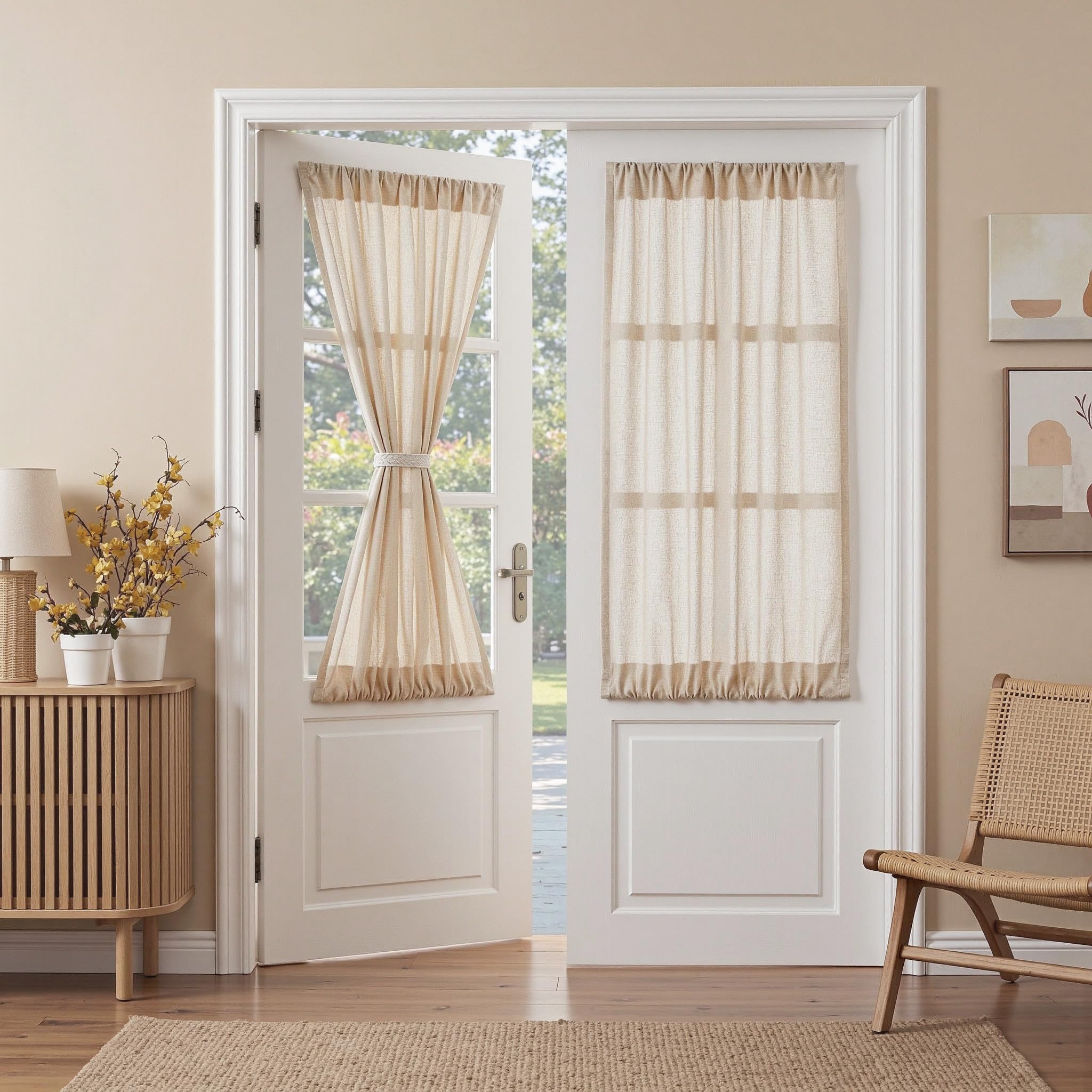 MYSKY HOME Country Curtains for Sliding Glass Door, Back Tab Semi Sheer Curtain Panels Extra Long Floor Length Drapes Linen Texture Soft Touch, 50x108 Inch, Linen, Set of 2