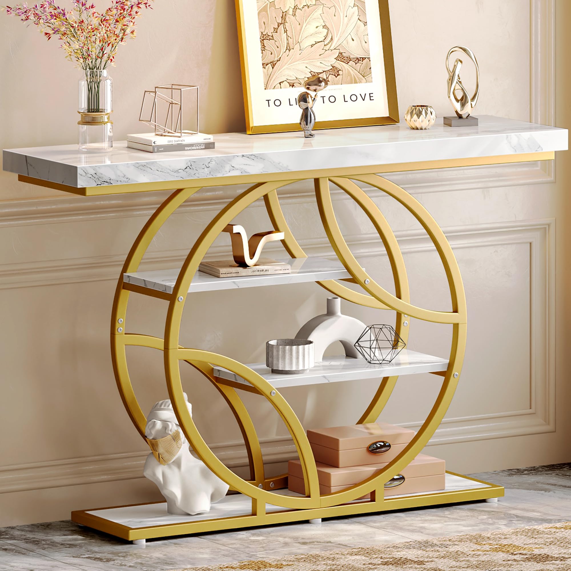 Huuger Modern Console Table, 41.3 Inch Sofa Table with Artistic Curved Metal Frame, Narrow Entryway Table for Hallway, Living Room, Behind Couch, Rustic Brown