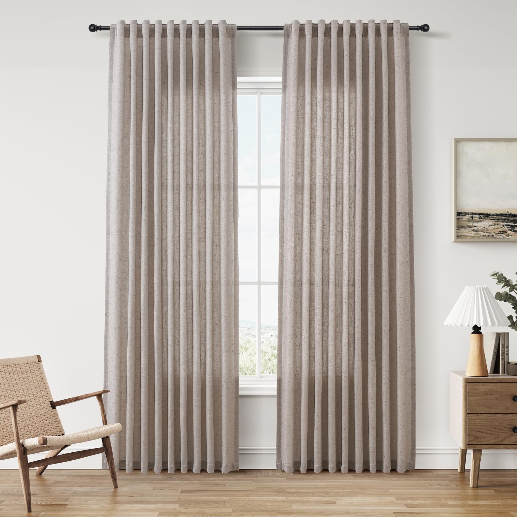 Nanspring Linen Curtains 80 Inches Long for Living Room Semi Sheer Light Filtering Curtain Back Tab Neutral Boho Modern Farmhouse Window Drapes for Bedroom 52x80 2 Panels Cream Ivory Beige Natural