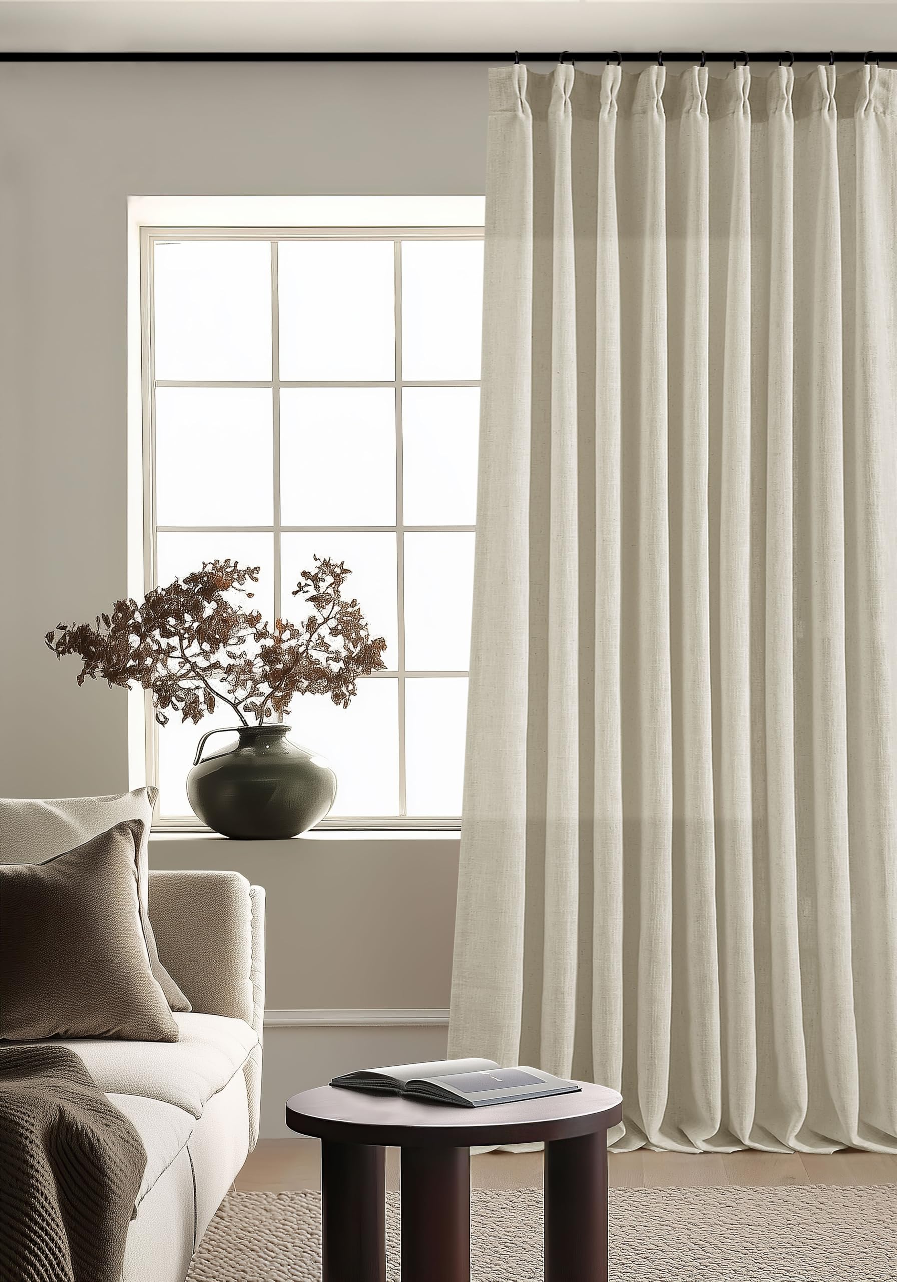 Natural Pinch Pleated Linen Curtains 84 Inch Length 2 Panels for Living Room Bedroom Textured Cream Ivory Birch Semi Sheer Boho Neutral Back Tab Pinch Pleat Hooks Rings Window Curtain 84 Inches Long