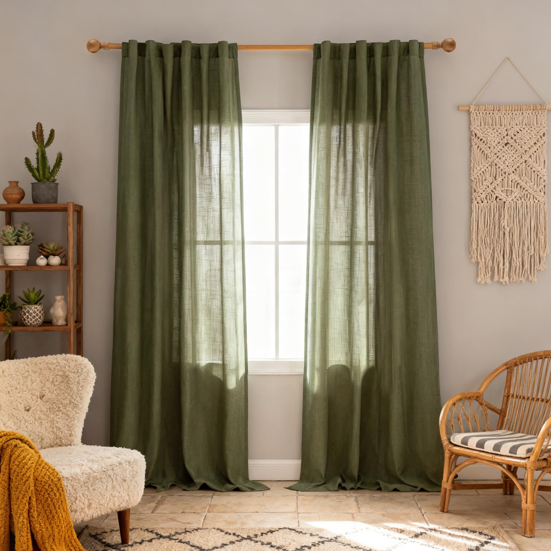 MYSKY HOME Country Curtains for Sliding Glass Door, Back Tab Semi Sheer Curtain Panels Extra Long Floor Length Drapes Linen Texture Soft Touch, 50x108 Inch, Linen, Set of 2