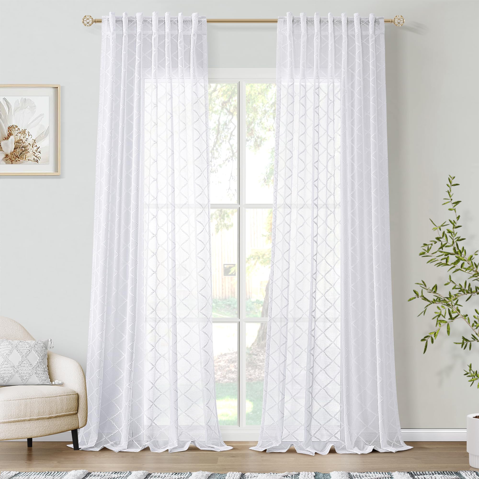 108" Beige Linen Sheer Curtains, 2 Panels, Tuft Pattern for Living Room & Bedroom