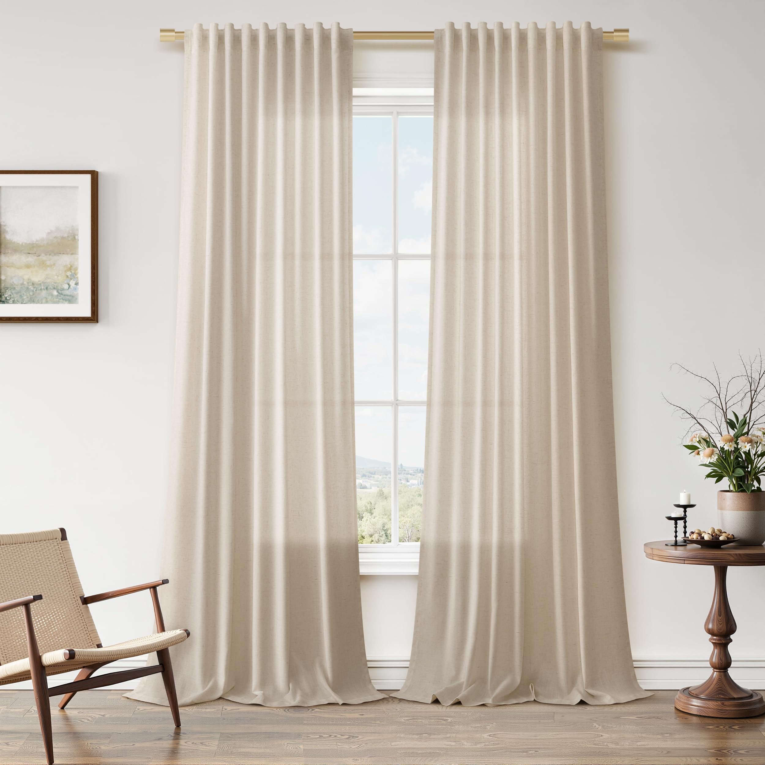 Nanspring Linen Curtains 80 Inches Long for Living Room Semi Sheer Light Filtering Curtain Back Tab Neutral Boho Modern Farmhouse Window Drapes for Bedroom 52x80 2 Panels Cream Ivory Beige Natural