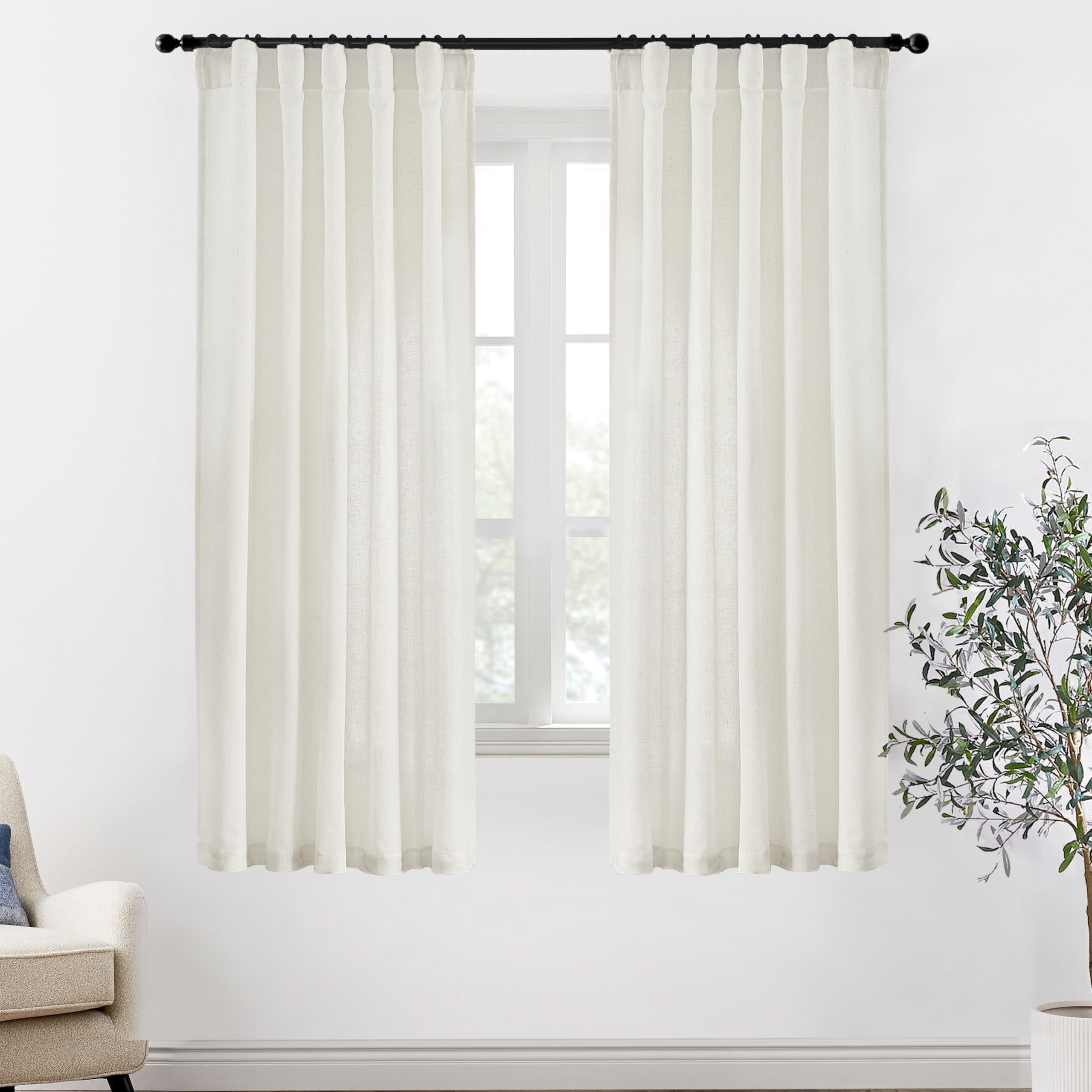 XTMYI 90 Inches Long Sheer Linen Curtains 2 Panels Set,Hook Tape Back Tab Semi Sheer Cotton Blend Fabric Modern Cottage Core Cottagecore Curtain Drapes for Living Room Bedroom,50x90 in Length
