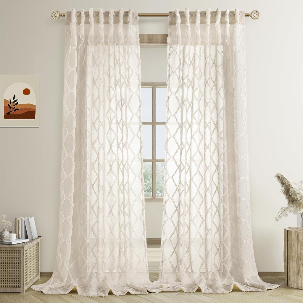 108" Beige Linen Sheer Curtains, 2 Panels, Tuft Pattern for Living Room & Bedroom