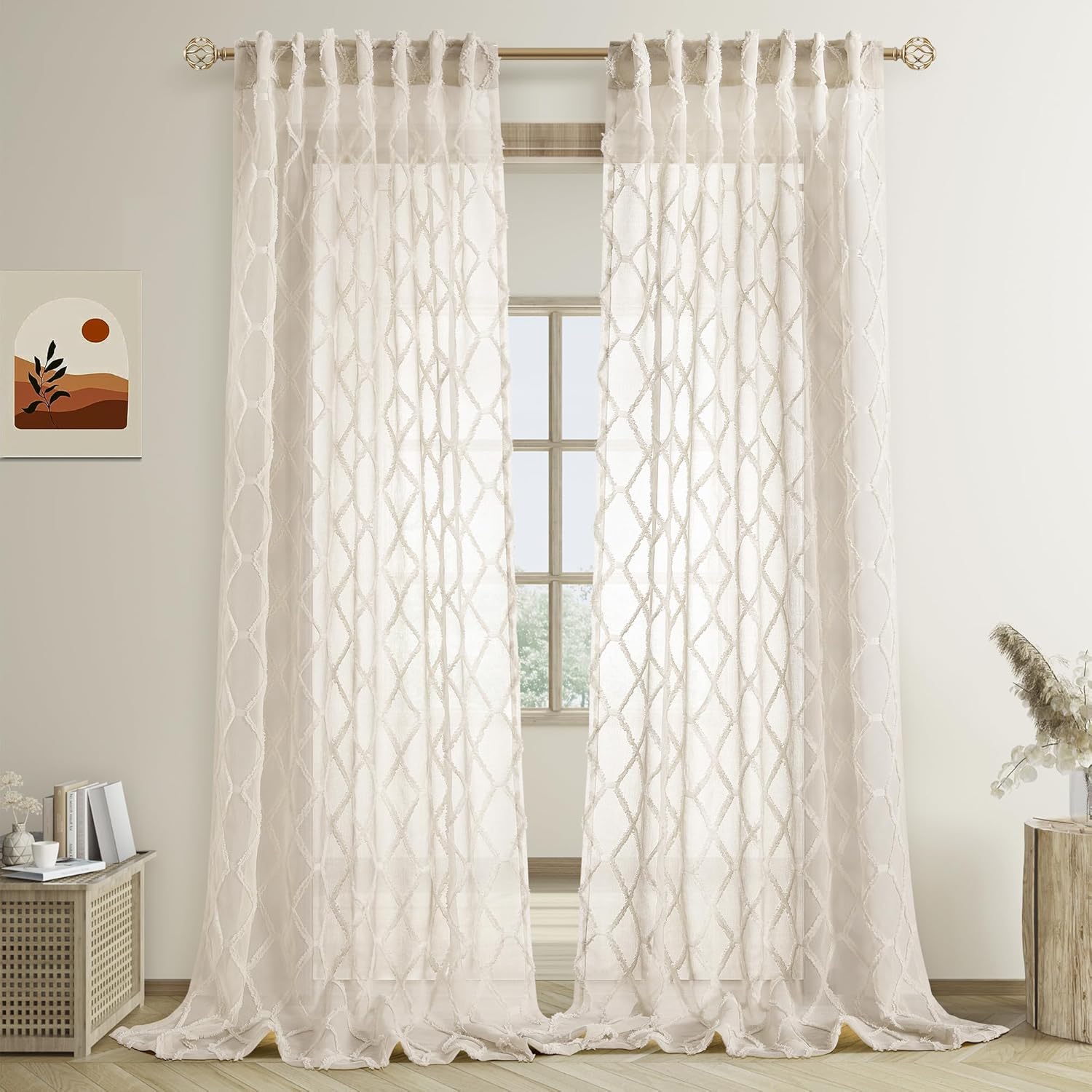 108" Beige Linen Sheer Curtains, 2 Panels, Tuft Pattern for Living Room & Bedroom