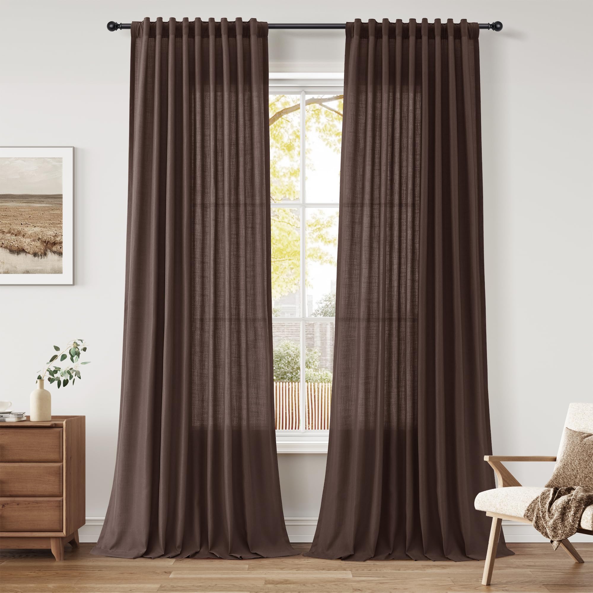 Nanspring Linen Curtains 80 Inches Long for Living Room Semi Sheer Light Filtering Curtain Back Tab Neutral Boho Modern Farmhouse Window Drapes for Bedroom 52x80 2 Panels Cream Ivory Beige Natural