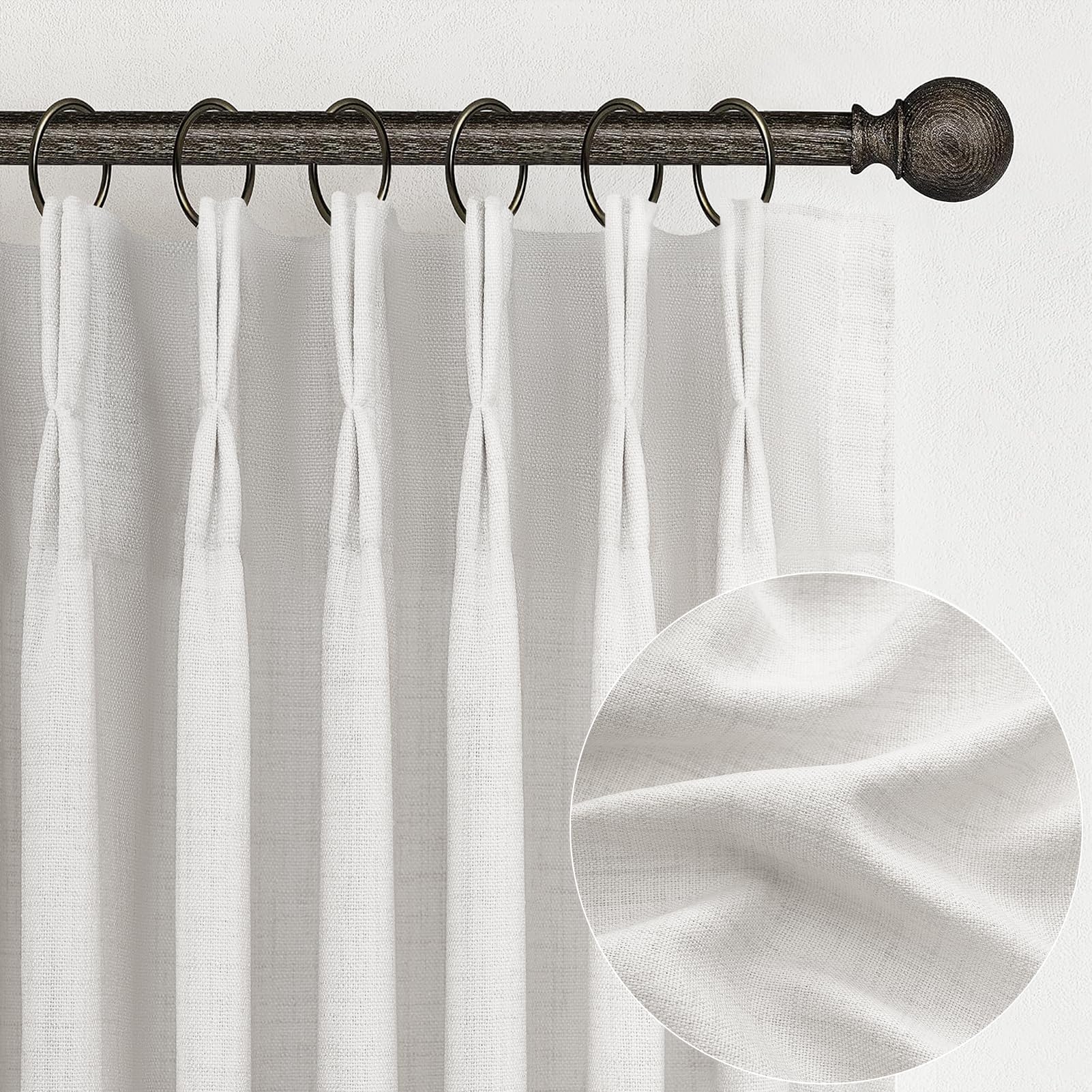 Pinch Pleated Linen Curtains 96 Inches Long for Living Room Bedroom, Light Filtering Boho Window Drape 96 inch 2 Panels Burgs with Hooks&Rings 8ft Cream Birch Sliding Glass Door Sheer Curtain Decor
