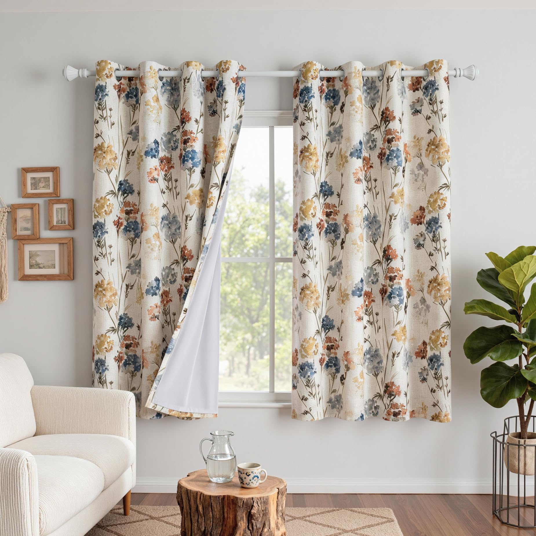 MYSKY HOME Sage Green Floral Linen Spring Curtains 84 inch Long 2 Panels Set Semi Sheer Light Filtering Farmhouse Flower Pattern Grommet Top for Living Room Bedroom, 52" W Each Panel