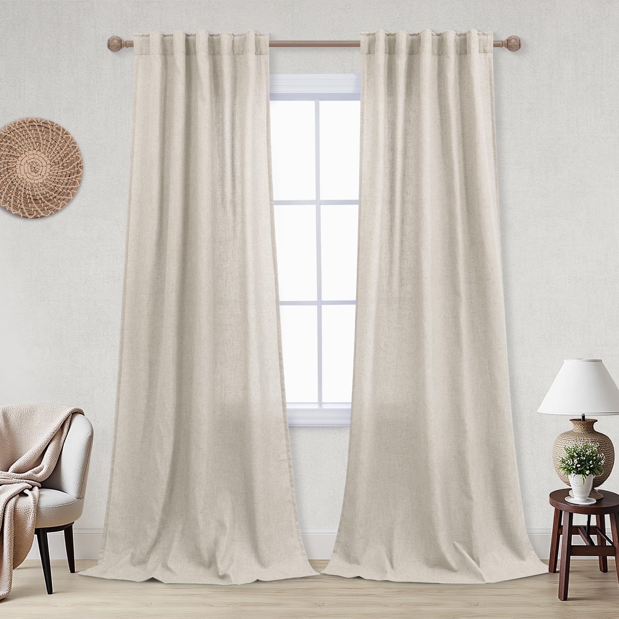 KOUFALL 92 Inch Curtains for Living Room 2 Panels Set,Light Filtering Farmhouse Boho Linen Semi Sheer Curtain Drapes 92 Inches Long for Bedroom,Cream Ivory