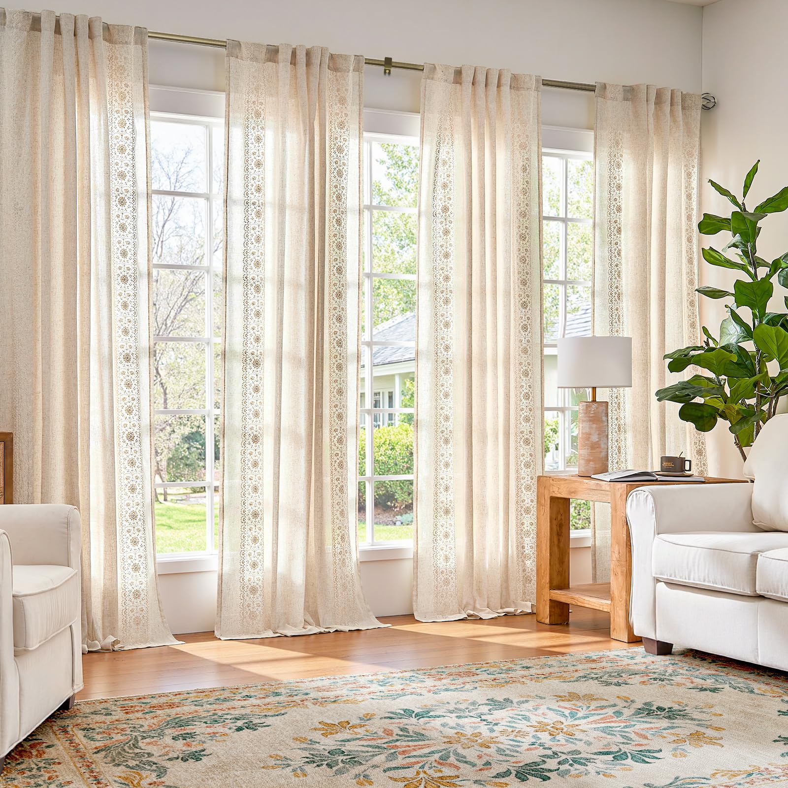 jinchan Weslie Beige Floral Sheer Curtains for Living Room 84 Inch Long Embroidered Voile Farmhouse Linen Curtains for Bedroom Ivory Flower Patterned Cottage Core Window Drapes 2 Panels Ivory on Beige