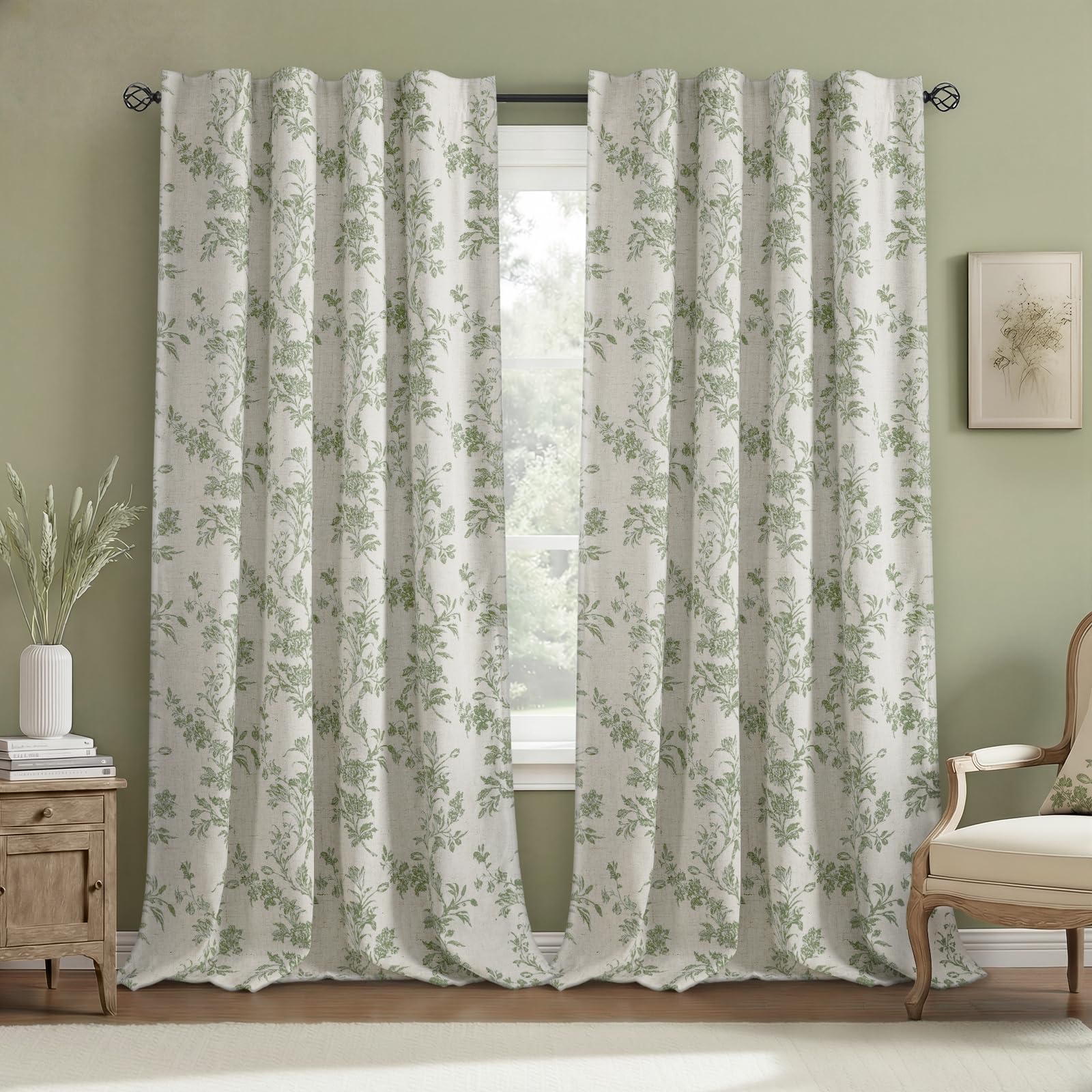 Boho Floral Spring Semi Sheer Curtains 84 Inch Length 2 Panels Set, Linen Texture Farmhouse Light Filtering Curtains Beige Tassel for Bedroom Living Room Vintage Rustic Patterned Printed Rod Pocket